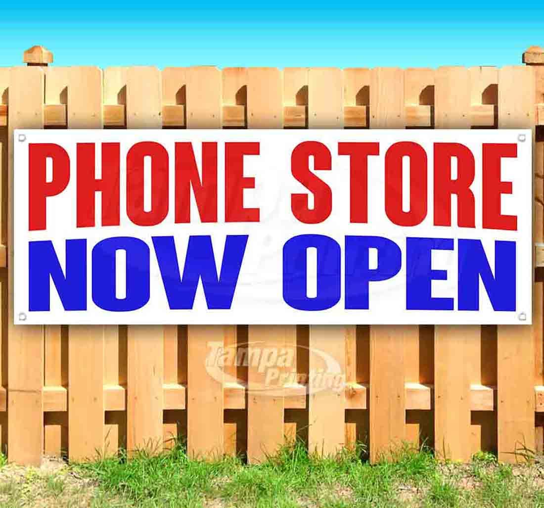13 oz Heavy-Duty Vinyl Phone Store Now Open Banner - Single-Sided with Metal Grommets | Durable Non-Fabric Sign for Retail Storefronts & Grand Openings
