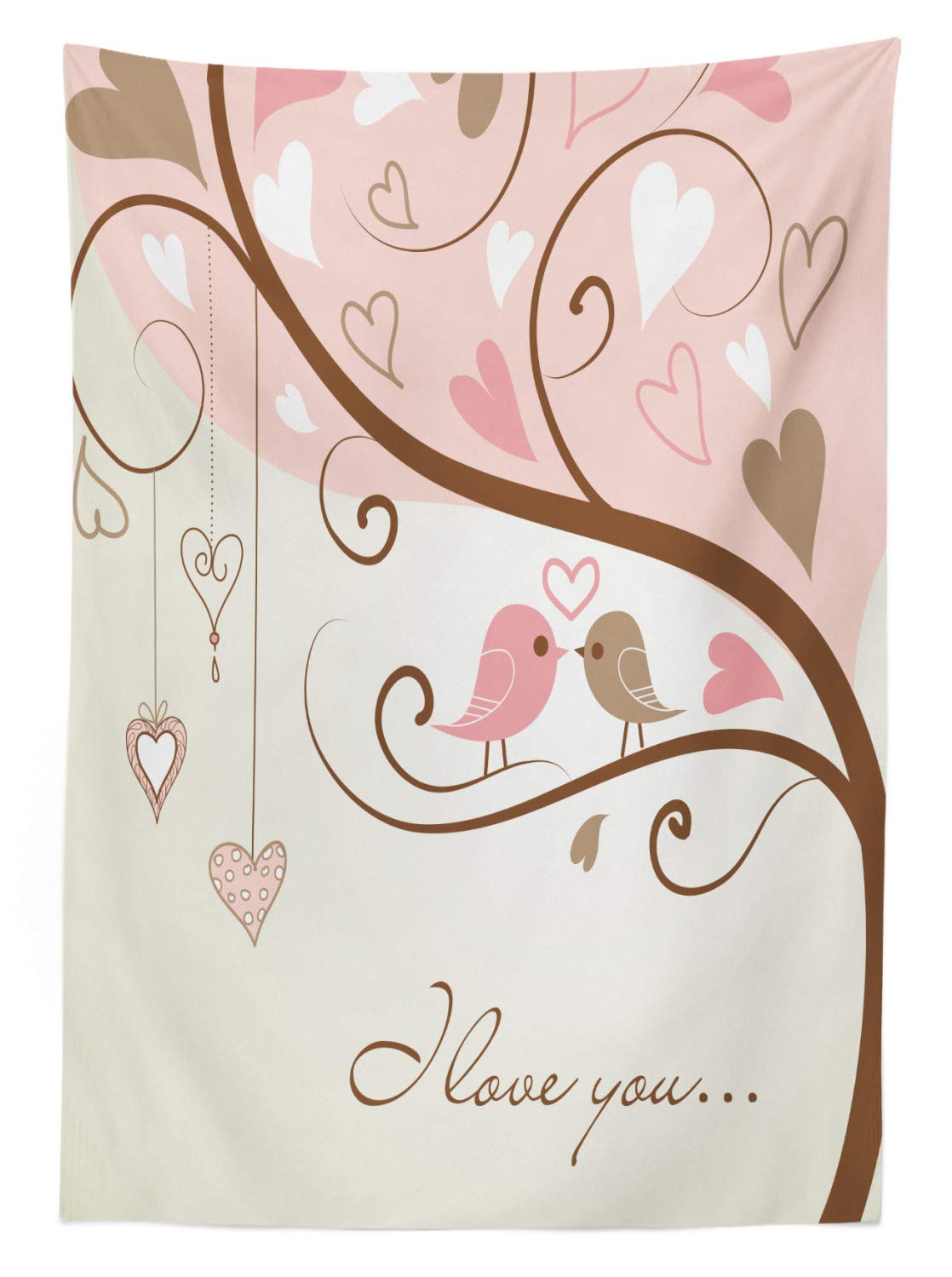 Ambesonne Romantic Outdoor Tablecloth with Birds & Heart Design - Washable Picnic Table Cover 58x120 Inches - Blush Brown Beige for Garden Parties, Picnics, and Outdoor Dining