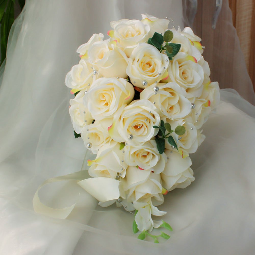 JASMINELOVER Artificial Rose Cascading Bridal Bouquet - 26 Heads Silk Wedding Flowers for Bridal Party, Centerpieces, Hotel Decor, Garden Floral Arrangements (Milk White) | Perfect for Weddings, Anniversaries & Romantic Home Decor