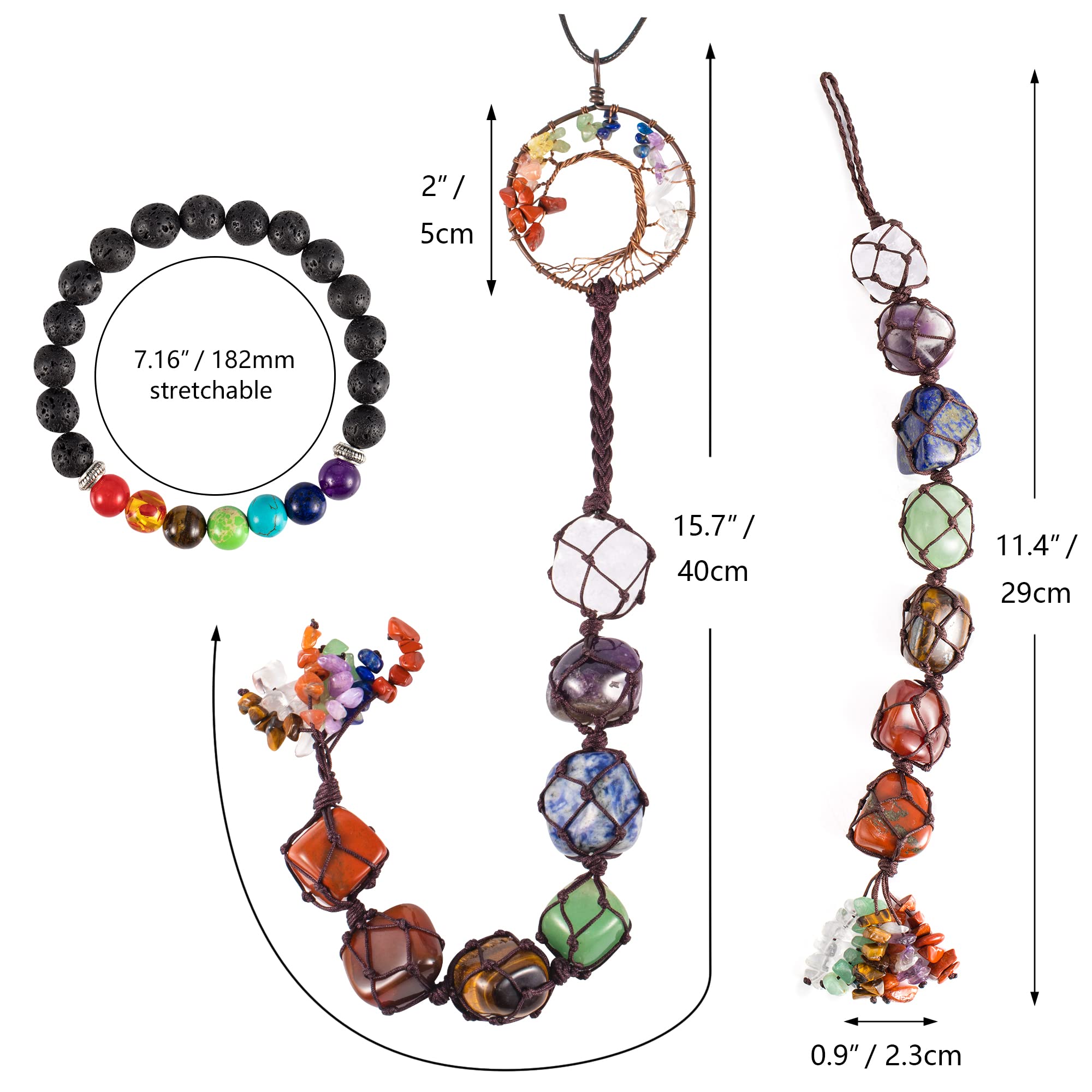 7 Chakra Crystal Car Hanging Ornament - Tree of Life Feng Shui Decor for Rearview Mirror, Home & Office (Set of 3) - Positive Energy & Stress Relief for Meditation, Yoga & Daily Commute