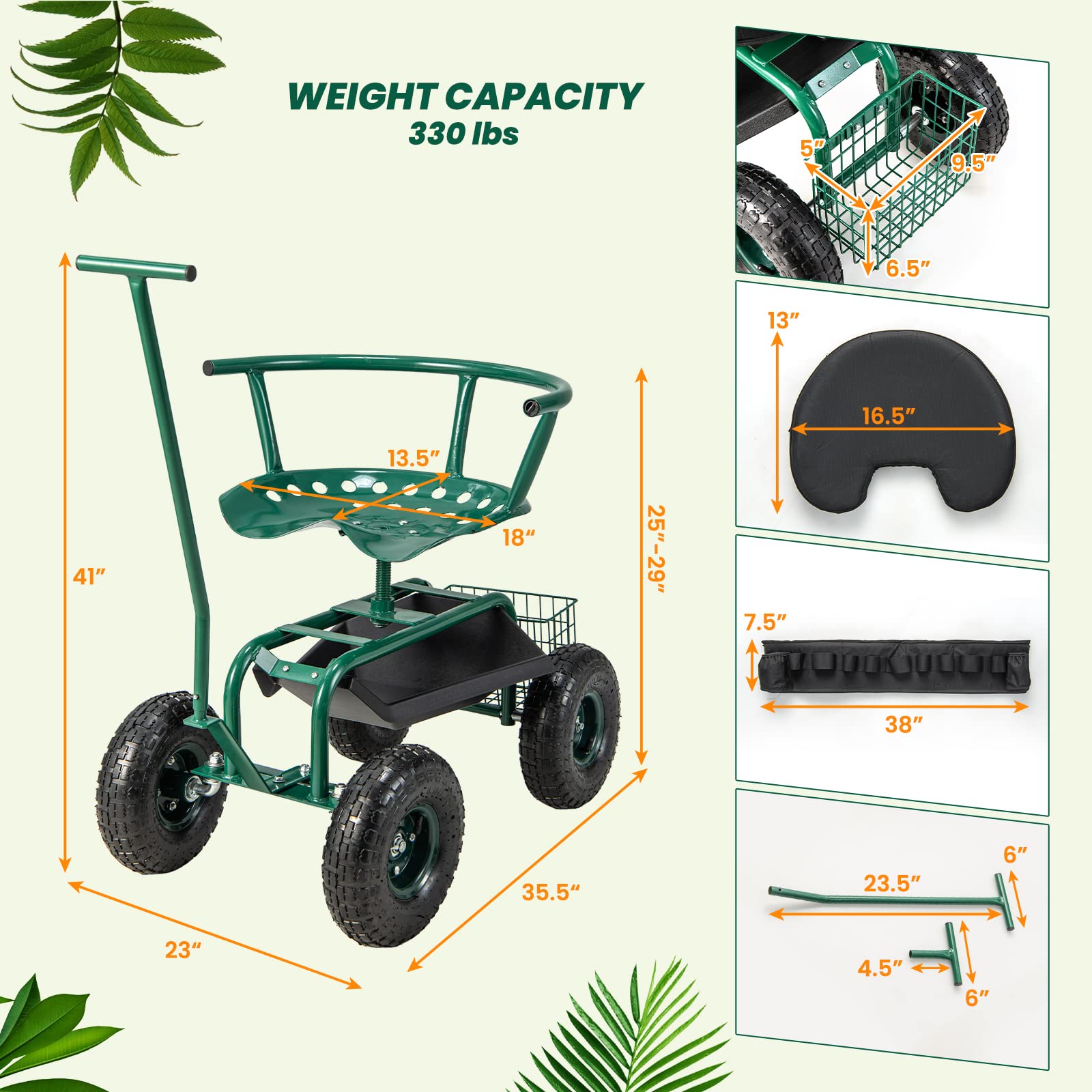 Giantex Heavy Duty Garden Cart with 4 Wheels - Adjustable Height Rolling Work Seat with Tool Tray, Removable Cushion & Storage Basket - 360° Swivel Gardening Stool for Lawn, Yard, Patio & Outdoor Work - Perfect for Planting, Weeding & Landscaping Tasks