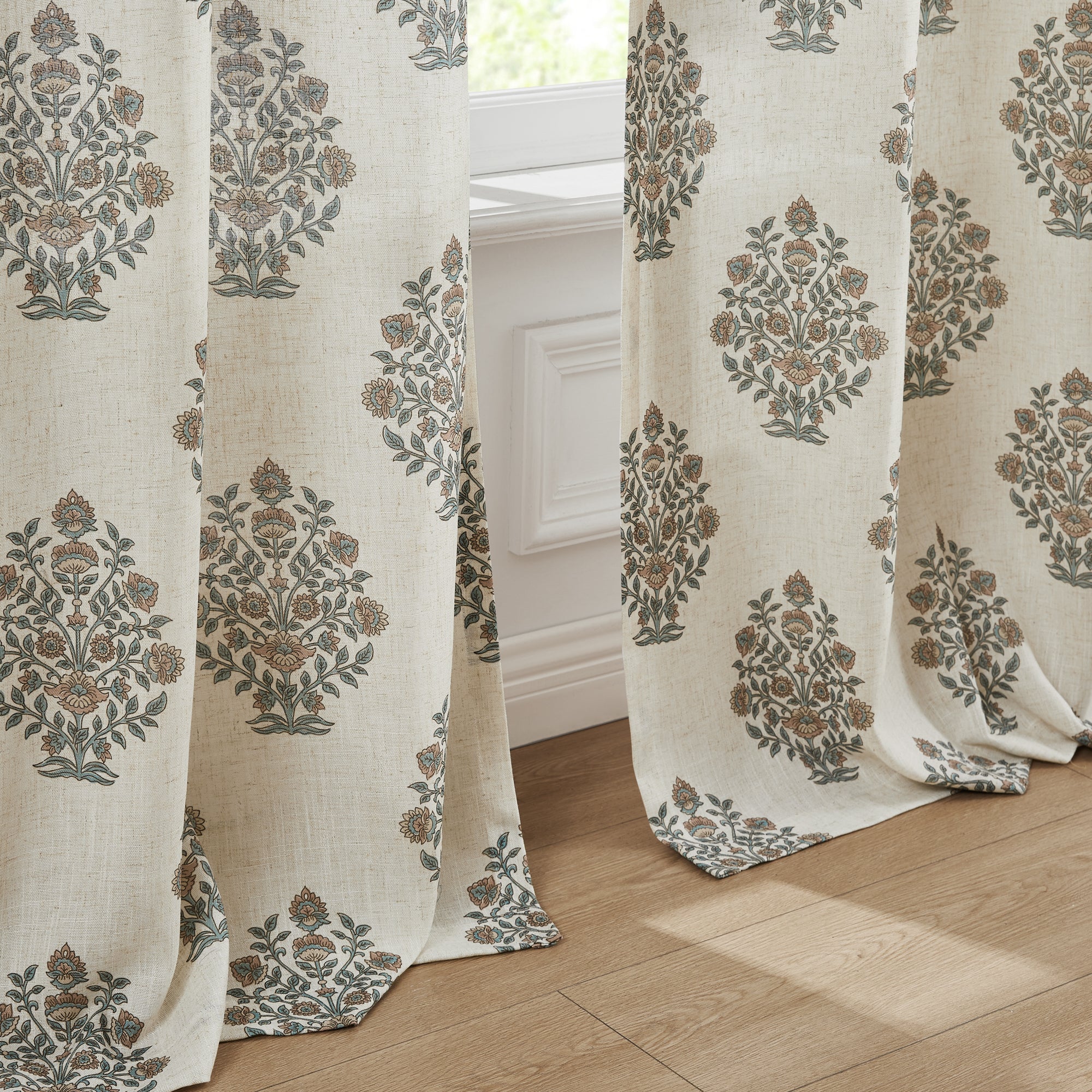 Sofia Flower Block Bouquet Linen Textured Window Curtain Panels - Blackout Drapes for Living Room, Bedroom & Nursery - Elegant Floral Print Home Decor
