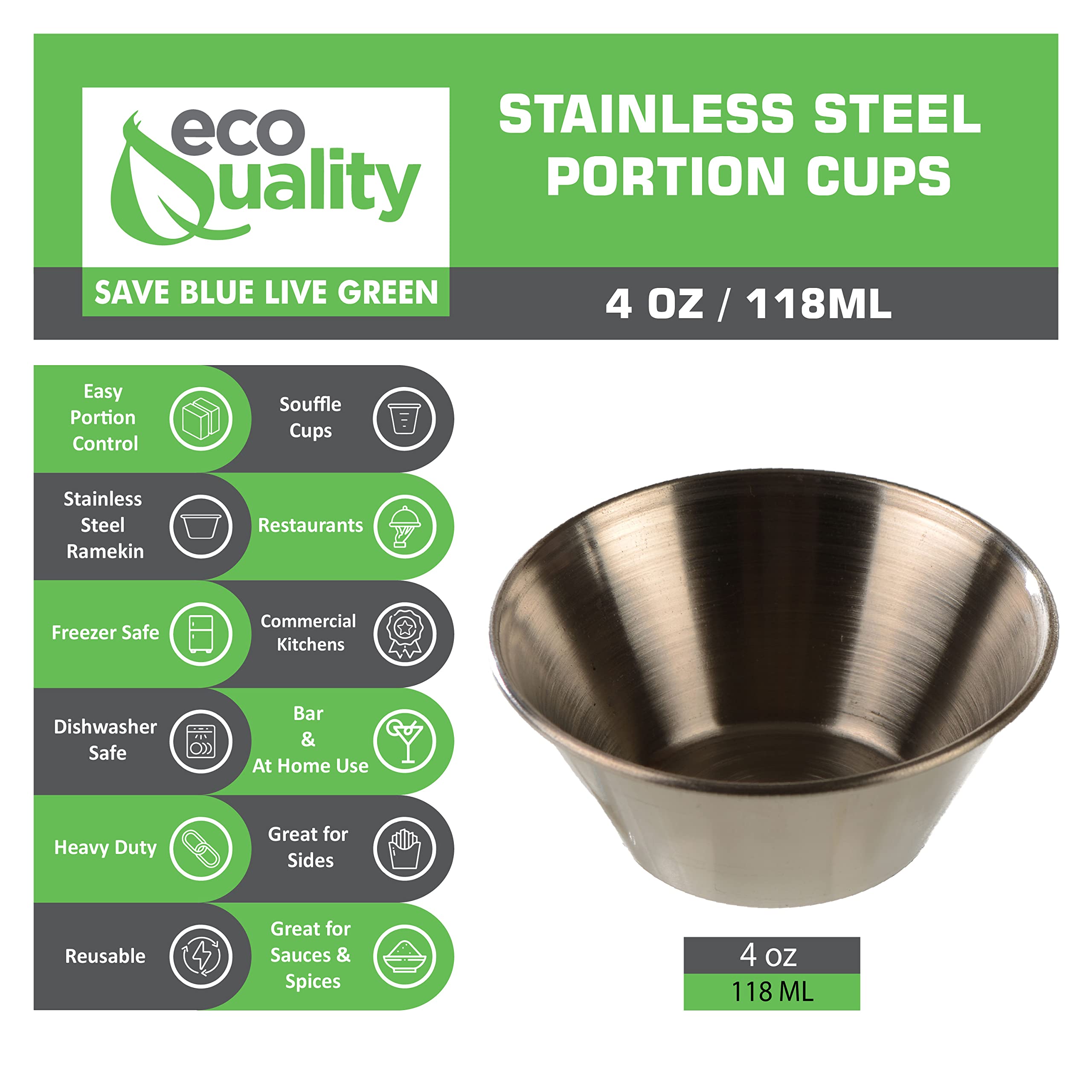 EcoQuality [60 Pack] 4 oz Stainless Steel Sauce Cups - Round Condiment Containers, Food Safe Commercial Grade Portion Dipping Cups for Restaurants, Catering & Home Use - Perfect for Sauces, Dressings, Dips & Small Snacks