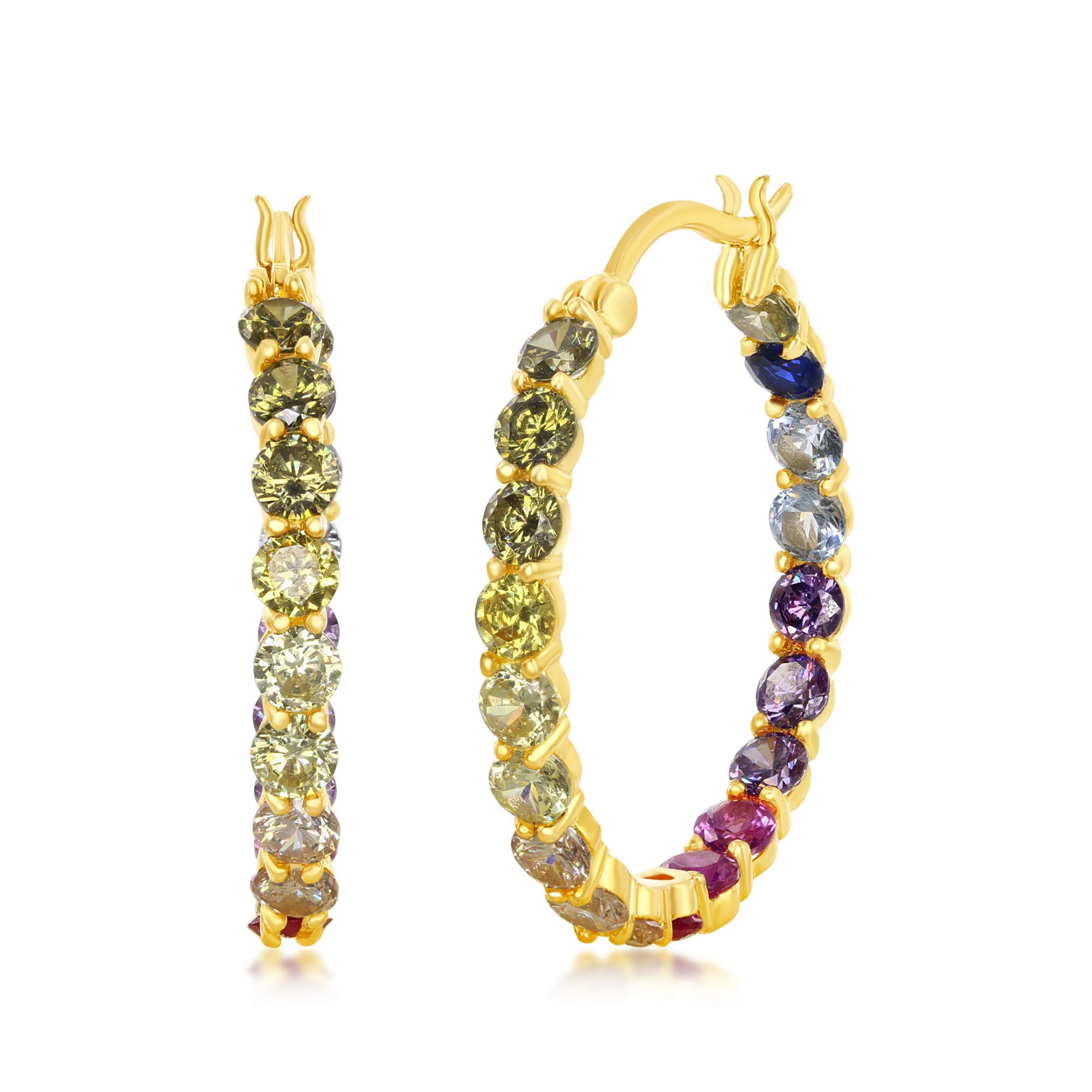 Sterling Silver or Gold Plated 3x25mm Inside-Outside Rainbow CZ Hoop Earrings for Women - Hypoallergenic Fashion Jewelry for Parties, Weddings & Everyday Wear