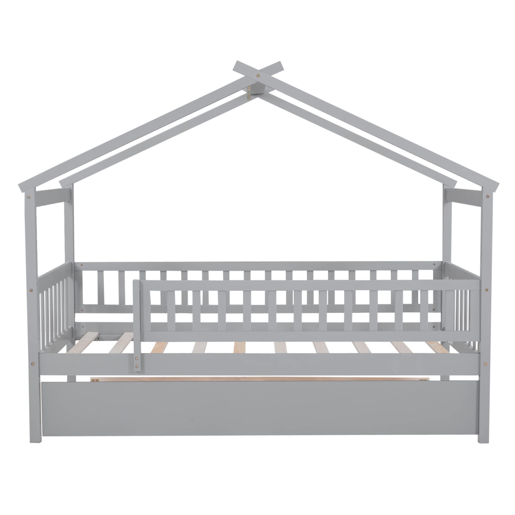 Twin House Bed with Trundle - Wooden Playhouse Bed Frame with Safety Rails & Roof Tent for Kids & Teens | Montessori Style Twin Size Platform Bed for Boys & Girls | No Box Spring Needed | Perfect for Bedroom, Playroom & Sleepovers (Gray)