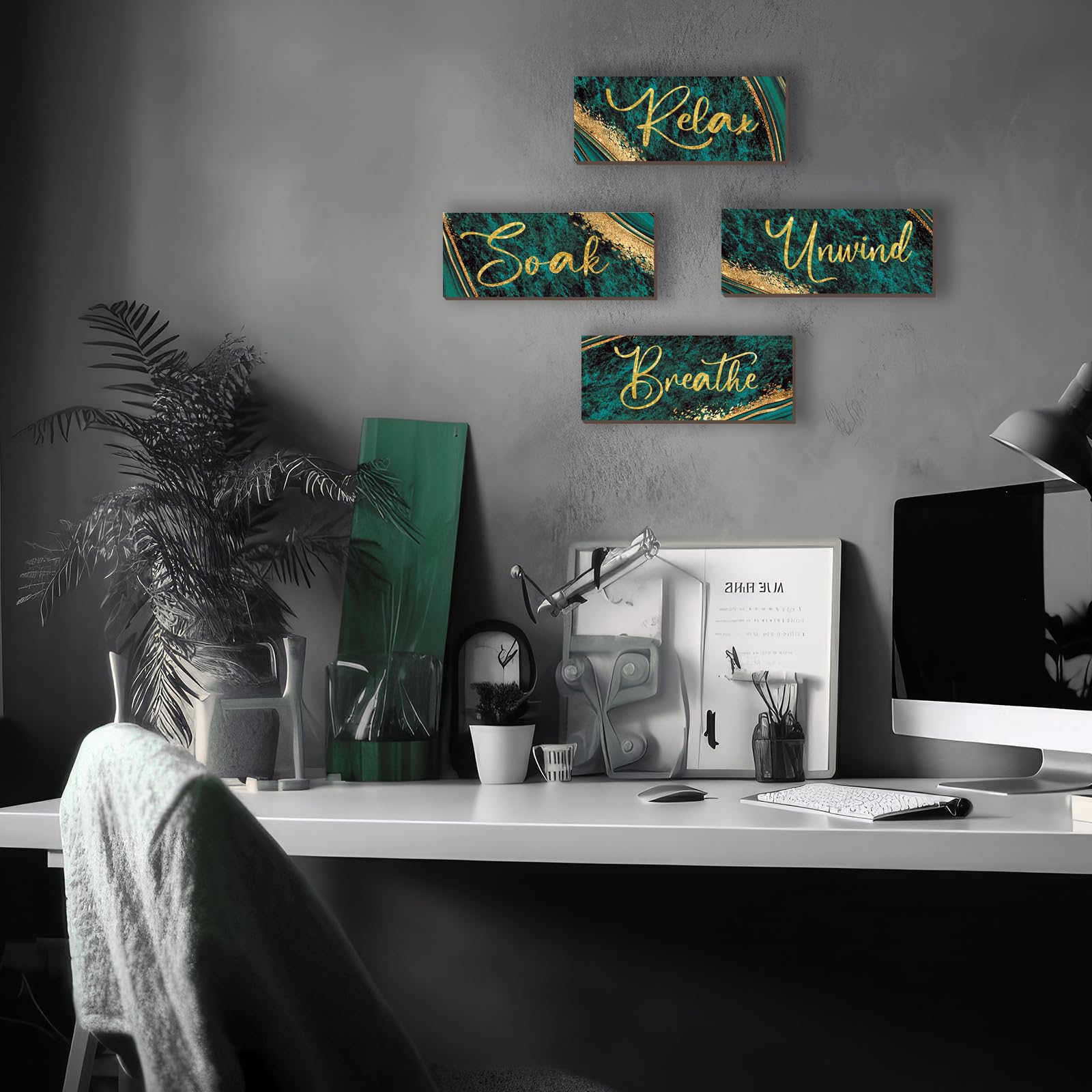 ONIZHITY 4-Piece Green and Gold Bathroom Decor Set - Rustic Wooden Wall Art with Marble Accents for Relaxation (10