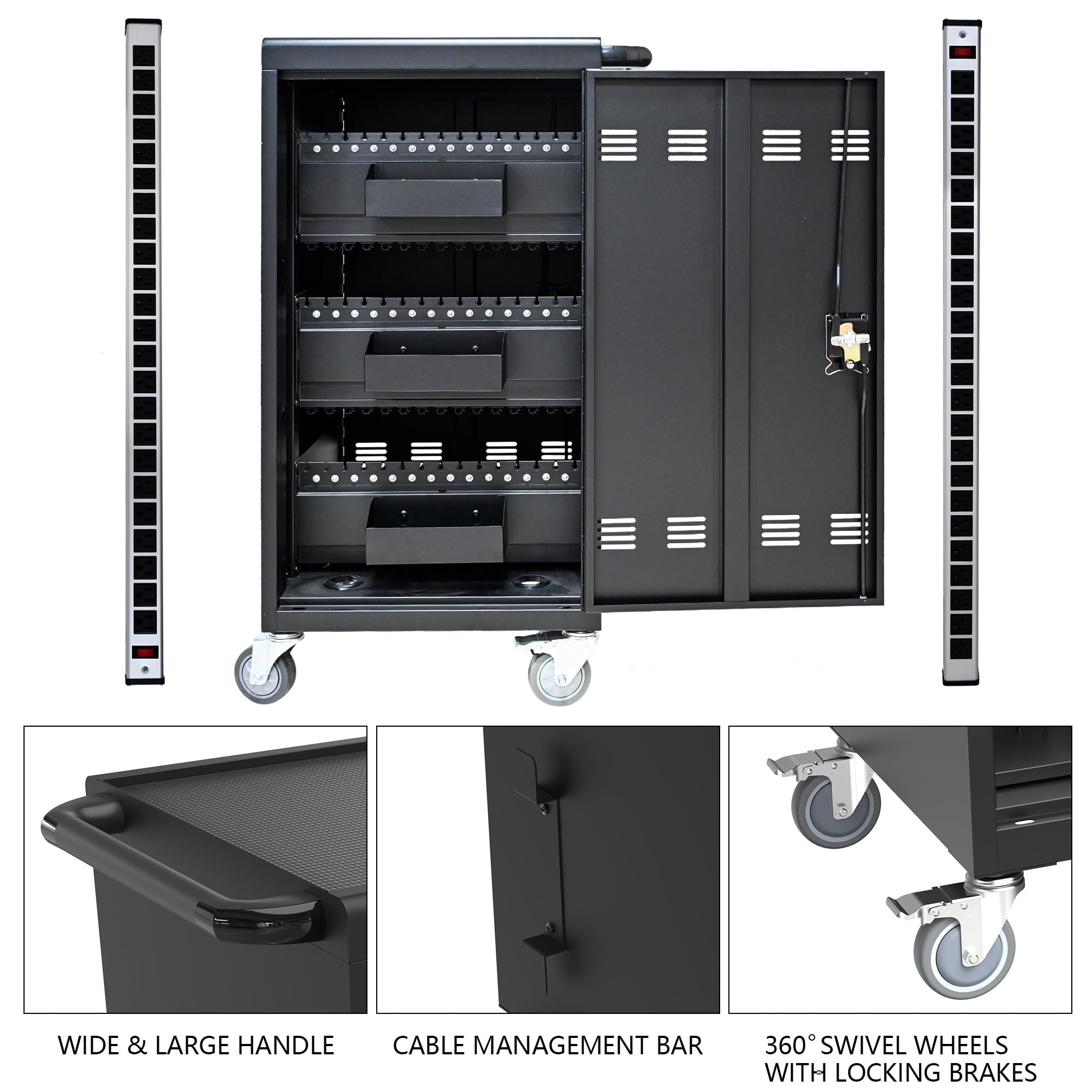 45-Device Mobile Charging Cart with Power Strip & Lockable Doors - Secure Charging Station for iPads, Chromebooks, Tablets & Laptops up to 17
