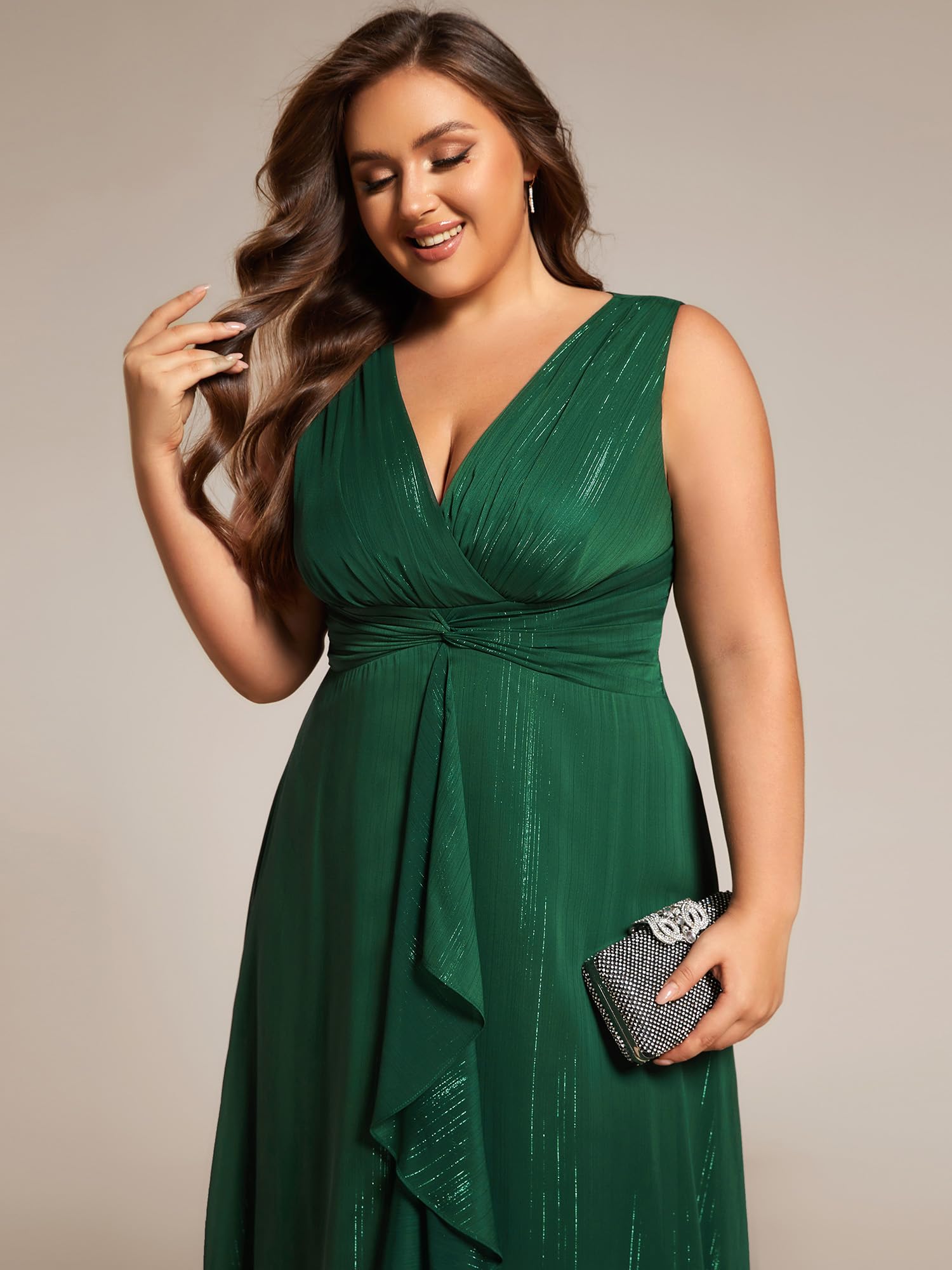 Ever-Pretty Women's Sleeveless V-Neck A-Line Pleated Plus Size Tea-Length Wedding Guest Dress 11977-DA | Elegant Formal Occasion & Special Event Attire for Bridesmaids, Parties, and Evening Gatherings