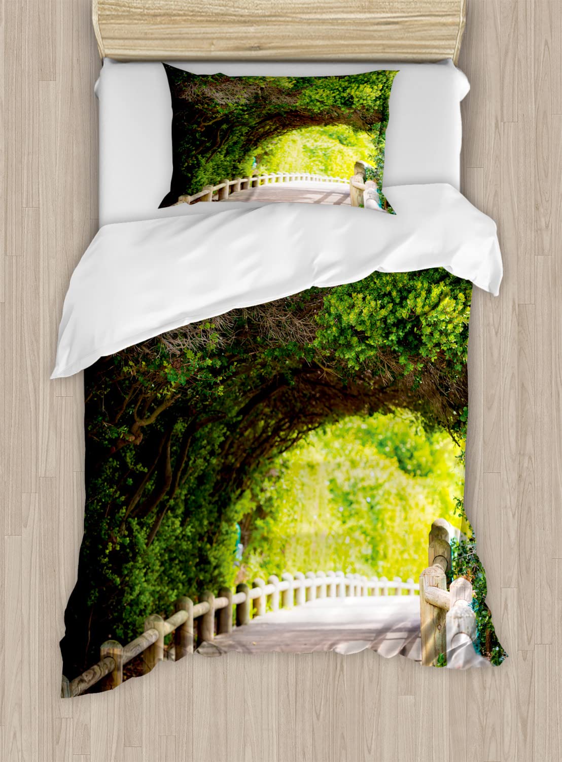 Ambesonne Forest Duvet Cover Set - Nature Boardwalk Through Green Archway Bridge with Foliage Trees on Sunny Summer Day | 2-Pack Twin Size Bedding Set Includes 2 Duvet Covers & 2 Pillowcases in Beige, Green & Brown | Perfect for Cozy Bedrooms, Cabin Retreats & Nature-Themed Decor