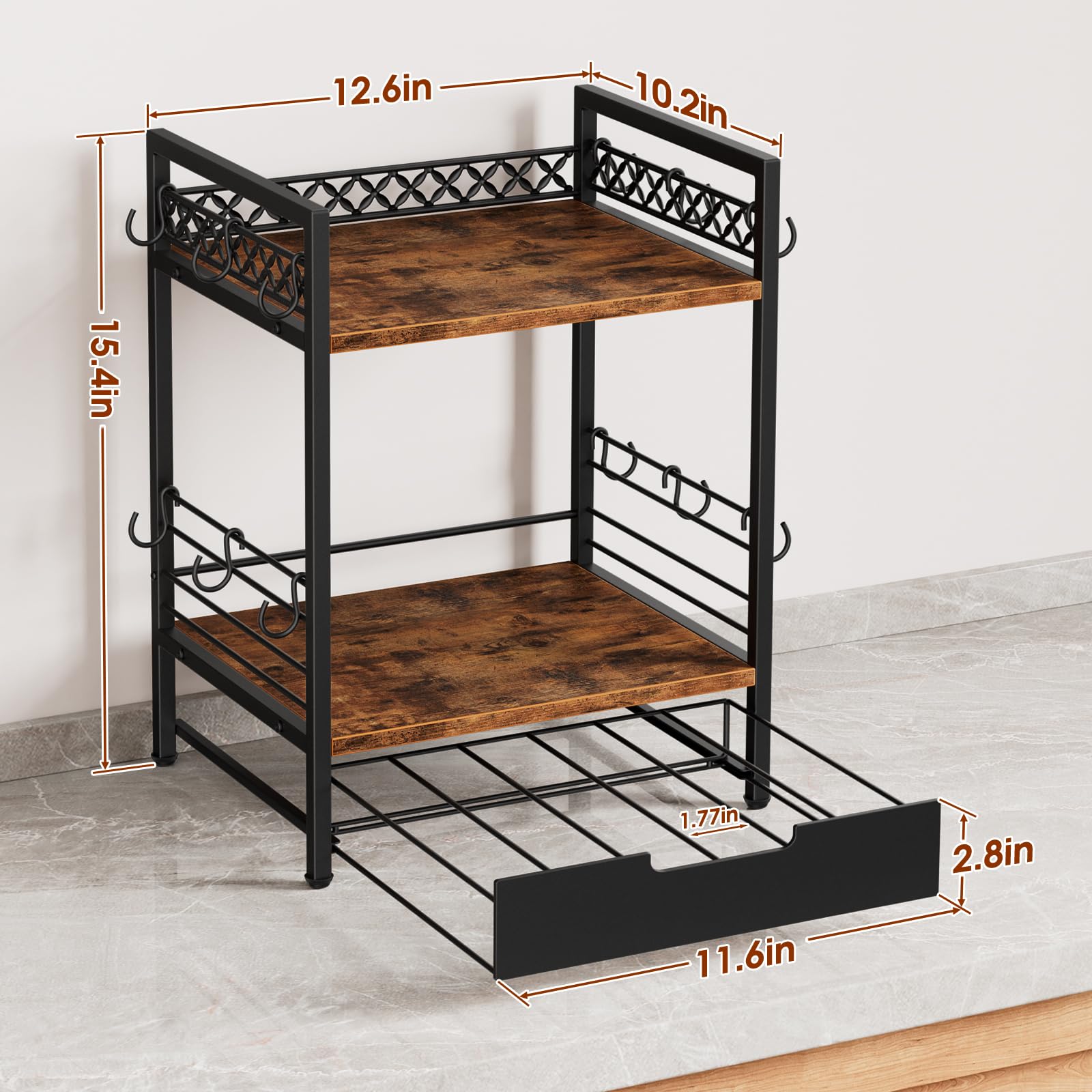 2-Tier Coffee Bar Organizer with 12 Hooks & 30 K-Cup Drawer - Multifunctional Mug Rack & Countertop Shelf for Kitchen Accessories - Perfect for Coffee Stations, Office Break Rooms & Small Space Organization