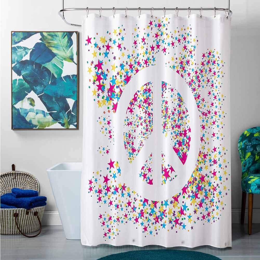 Nature Themed Shower Curtain with Peace Icon & Star Print - 69x72 Inches for Master, Kids & Guest Bathrooms | Hippie Decor, 60s Inspired Bathroom Accessory for Relaxing Showers