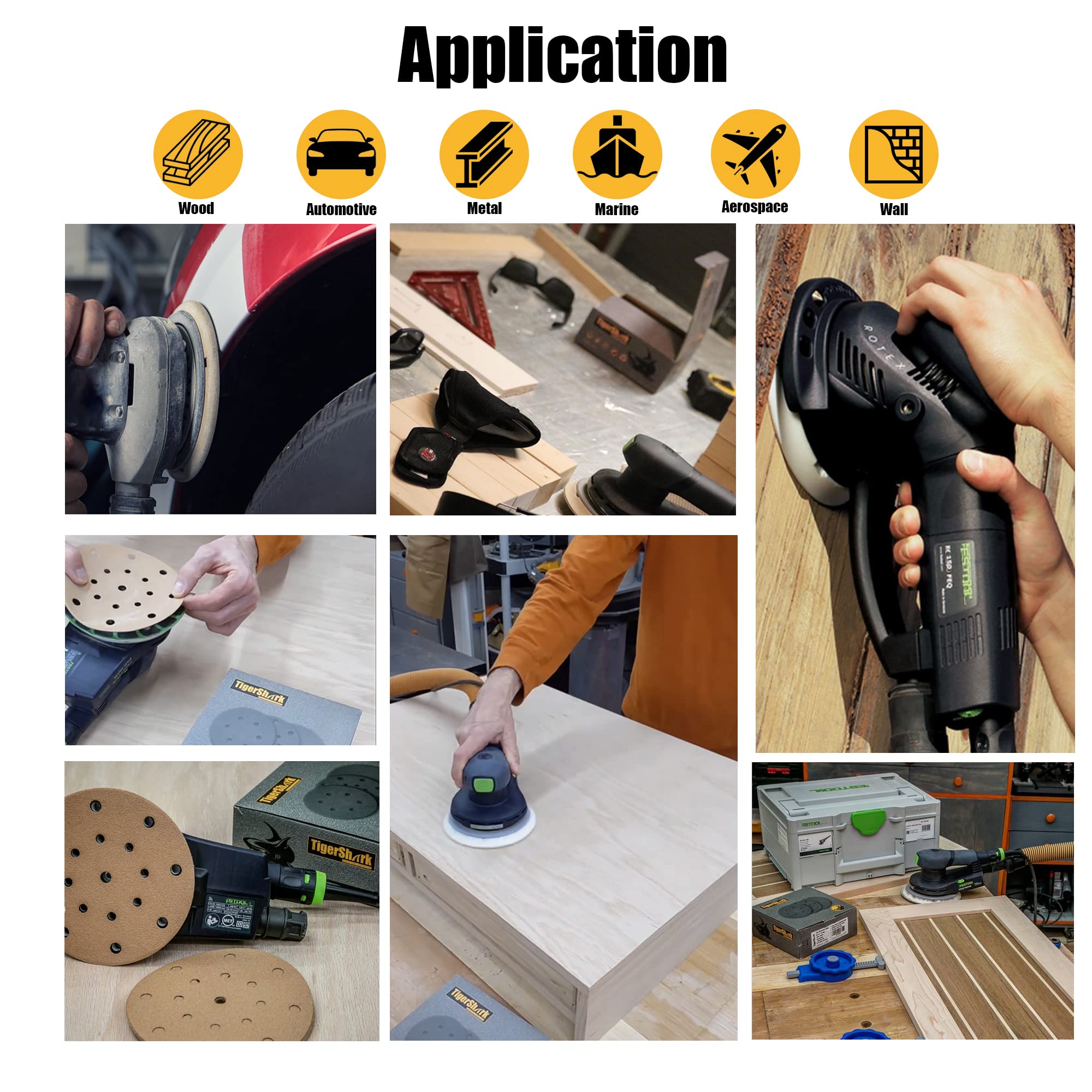 TigerShark 6 Inch 17 Hole Sanding Discs - 50pcs Assorted Grit 80/100/120/150/220 - Anti-Clog Coating Gold Line Hook & Loop for Dustless Random Orbital Sander - Perfect for Woodworking, Metal Polishing & DIY Home Projects