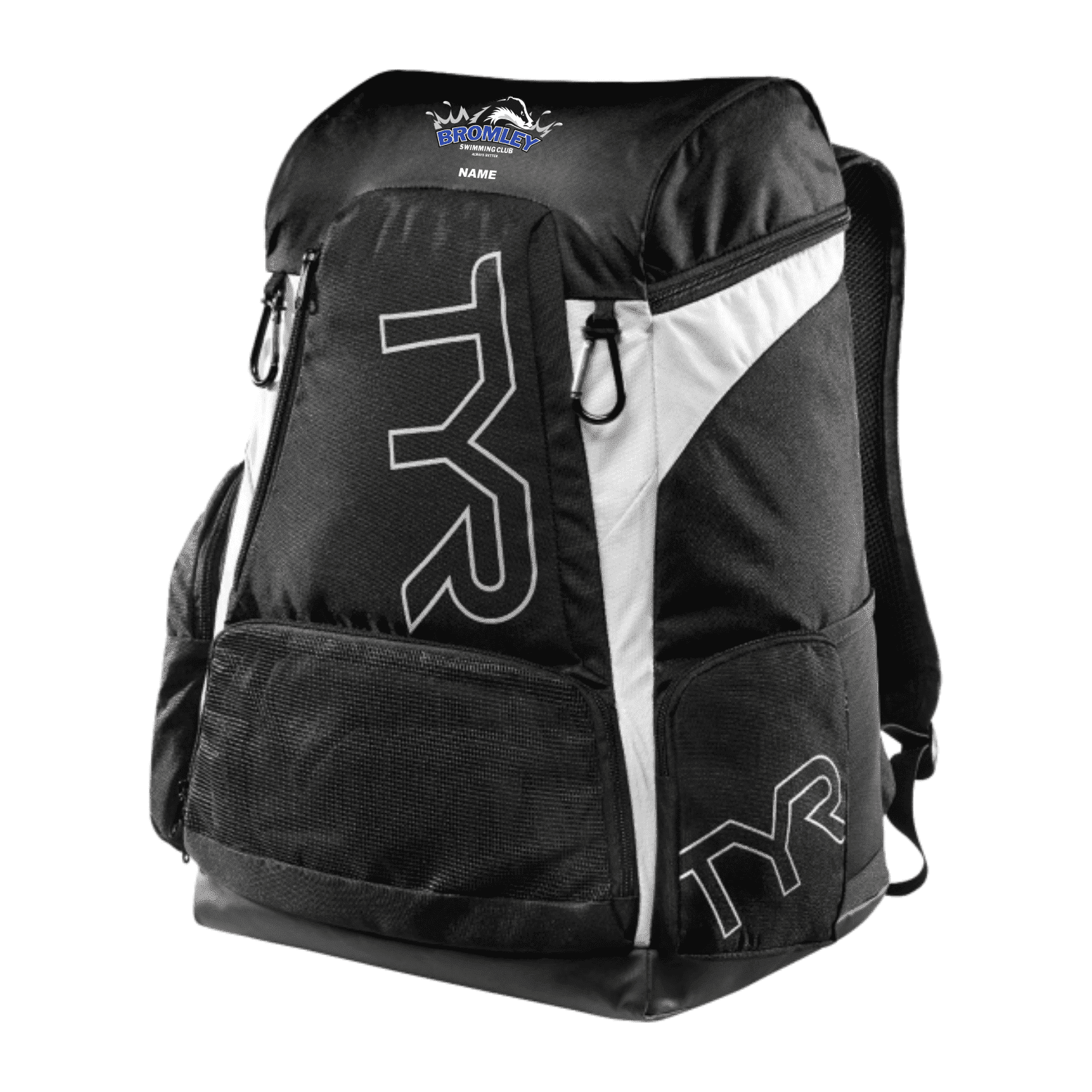 Bromley Swimming Club Team Backpack - Waterproof Sports Bag for Swim Team Gear, Black/White Badger Design - Perfect for Swim Meets, Training & Travel
