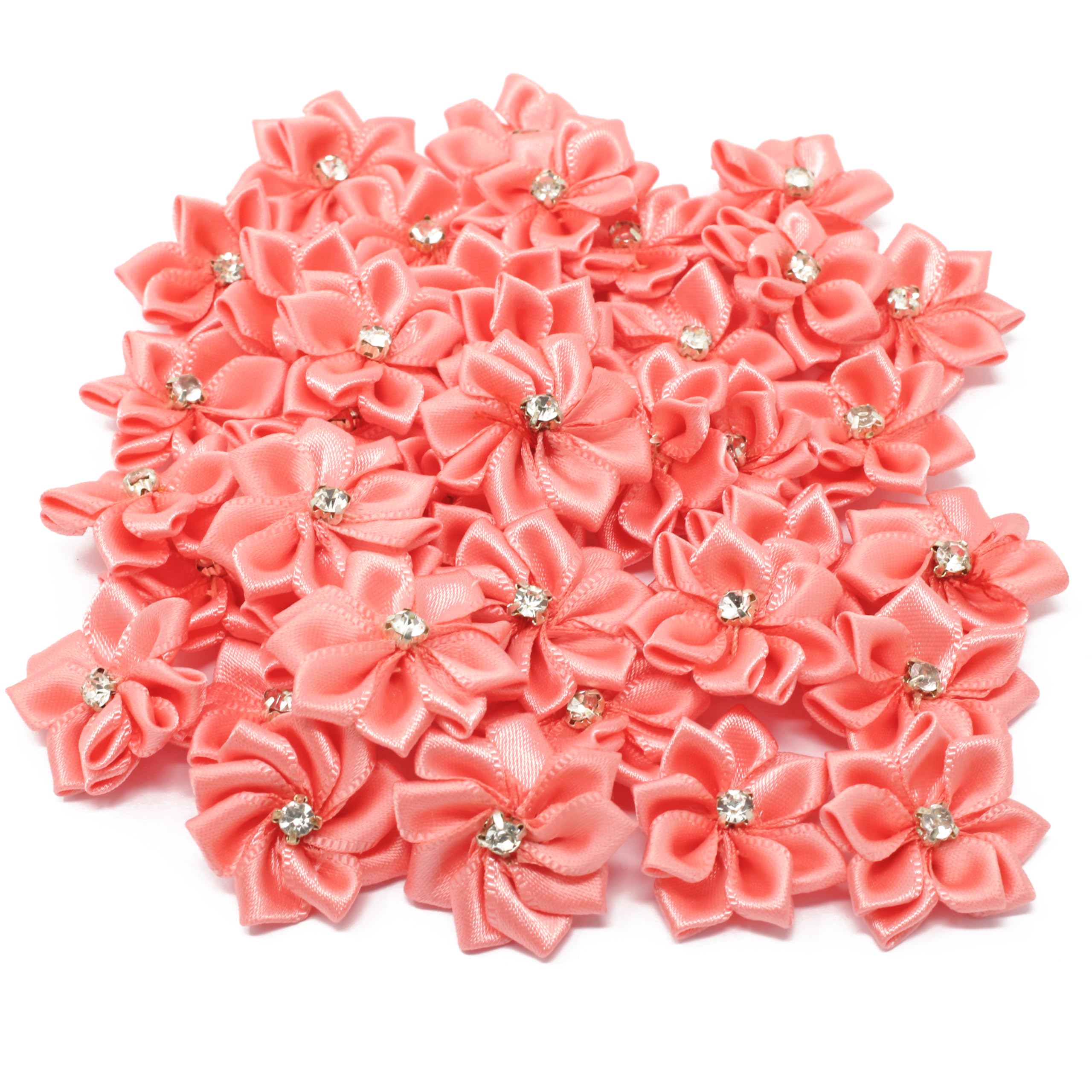 25mm Satin Ribbon Watermelon Flowers with Rhinestone Center - Pack of 25 DIY Craft Flowers for Hair Clips, Headbands, Wedding Decorations and Gift Wrapping