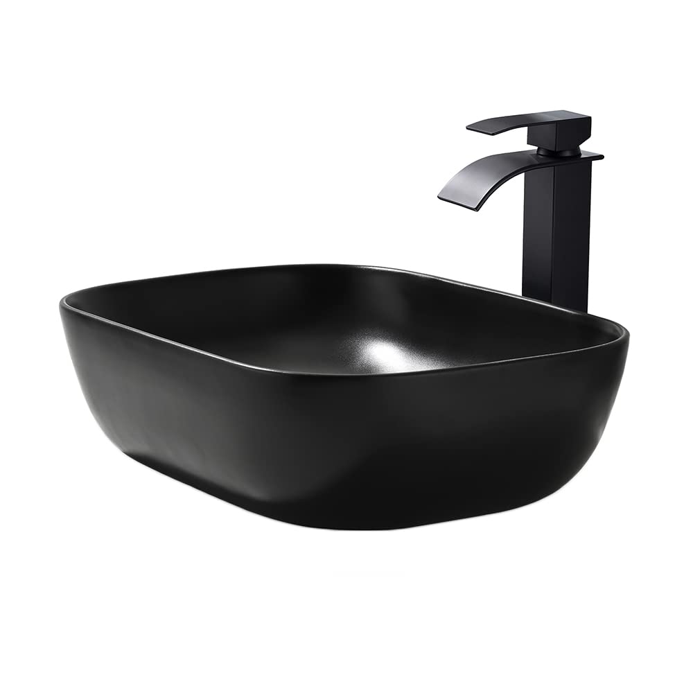 Modern Black Ceramic Rectangle Vessel Sink and Faucet Combo - 18