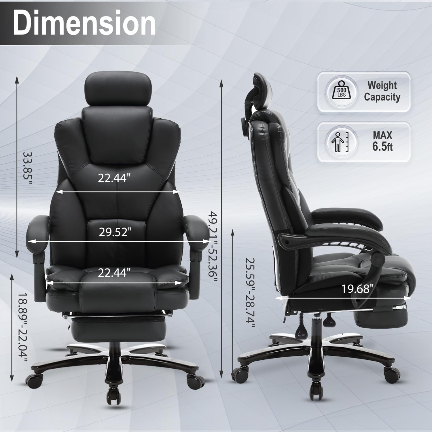 400lbs Heavy Duty Reclining Office Chair with Footrest - Ergonomic PU Leather Big & Tall Executive Desk Chair for Home & Office - High Back Managerial Chair with Wheels (Black) - Perfect for Long Work Hours & Relaxation