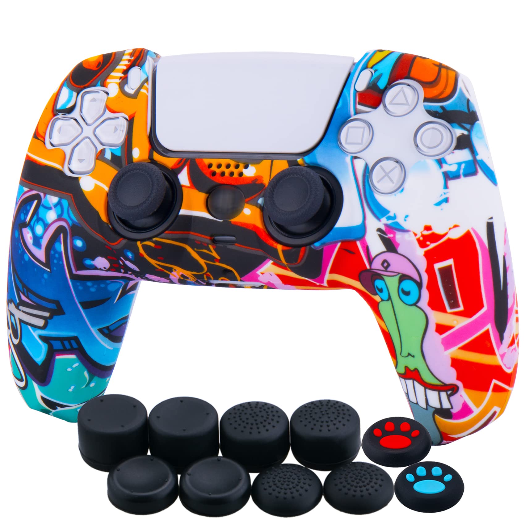 YoRHa Printed Silicone Thickened Skin Case (Comic Graffiti) for PS5 Controller with 10 Thumb Grip Caps - Durable Protection & Enhanced Grip for Gaming, Streaming & Esports