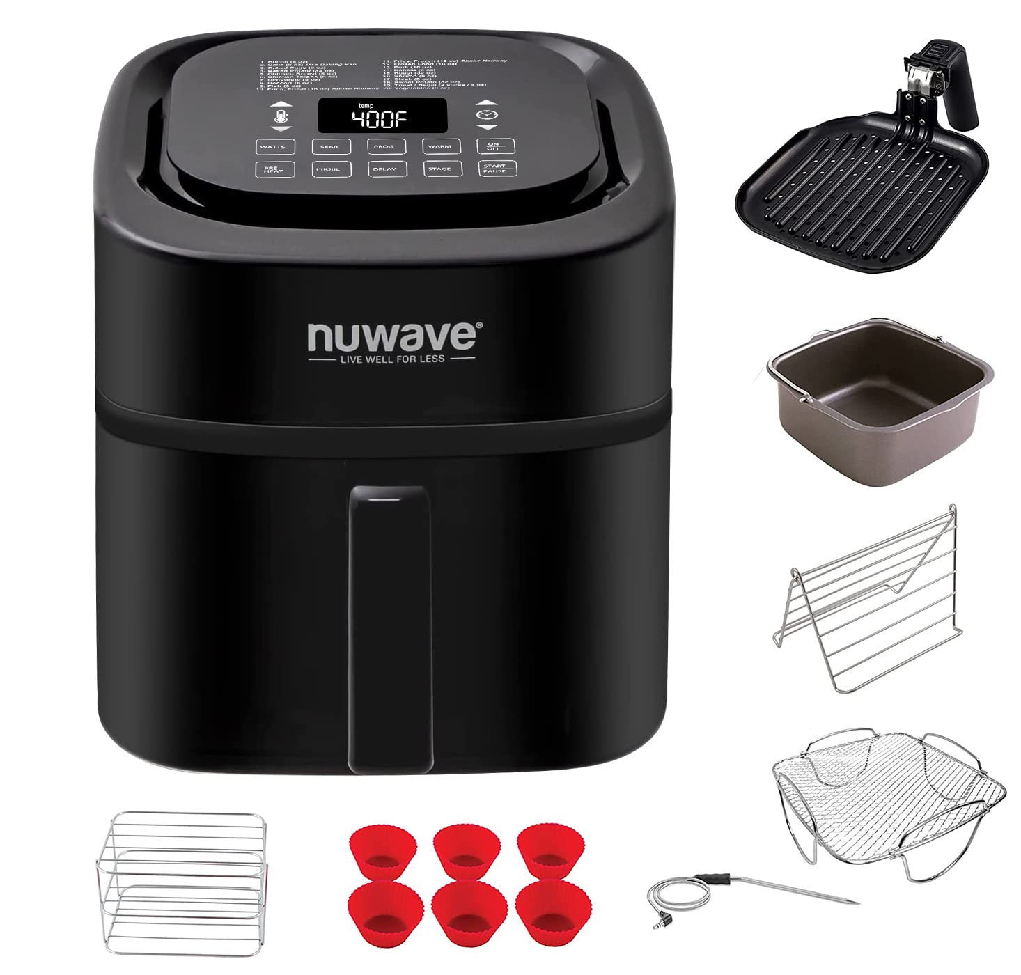 Nuwave Brio 6-Quart Digital Air Fryer with Smart Probe - Healthy Oil-Free Cooking, One-Touch Controls, Removable Divider & Grill Pan - Perfect for Family Meals, Quick Snacks & Low-Fat Diet - Black