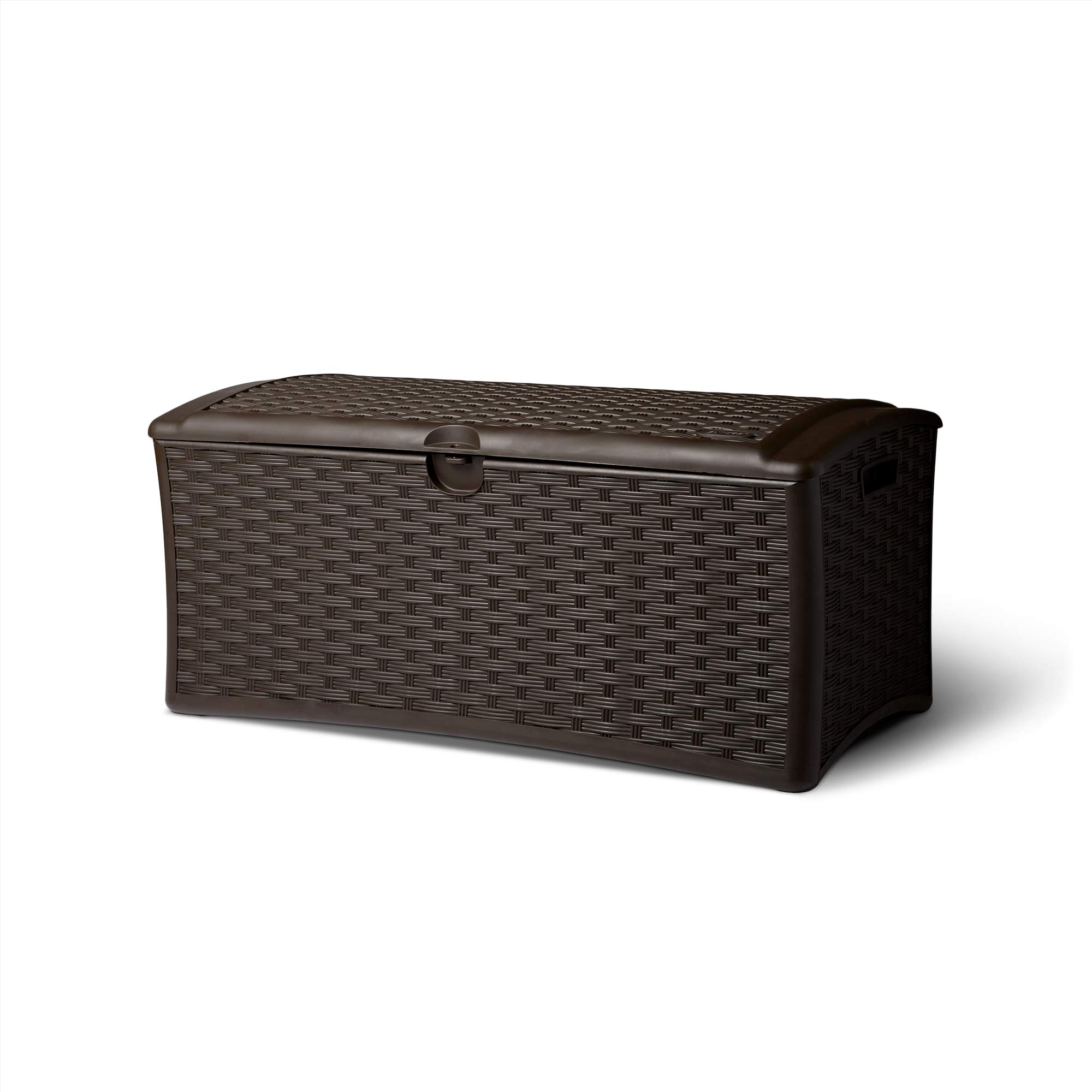 Suncast 72 Gallon Outdoor Storage Deck Box - Easy Assembly Plastic Wicker Patio Furniture Cover for Cushions, Pillows & Accessories | Weather-Resistant Deck Box for Backyard, Poolside & Garden Organization (Brown)