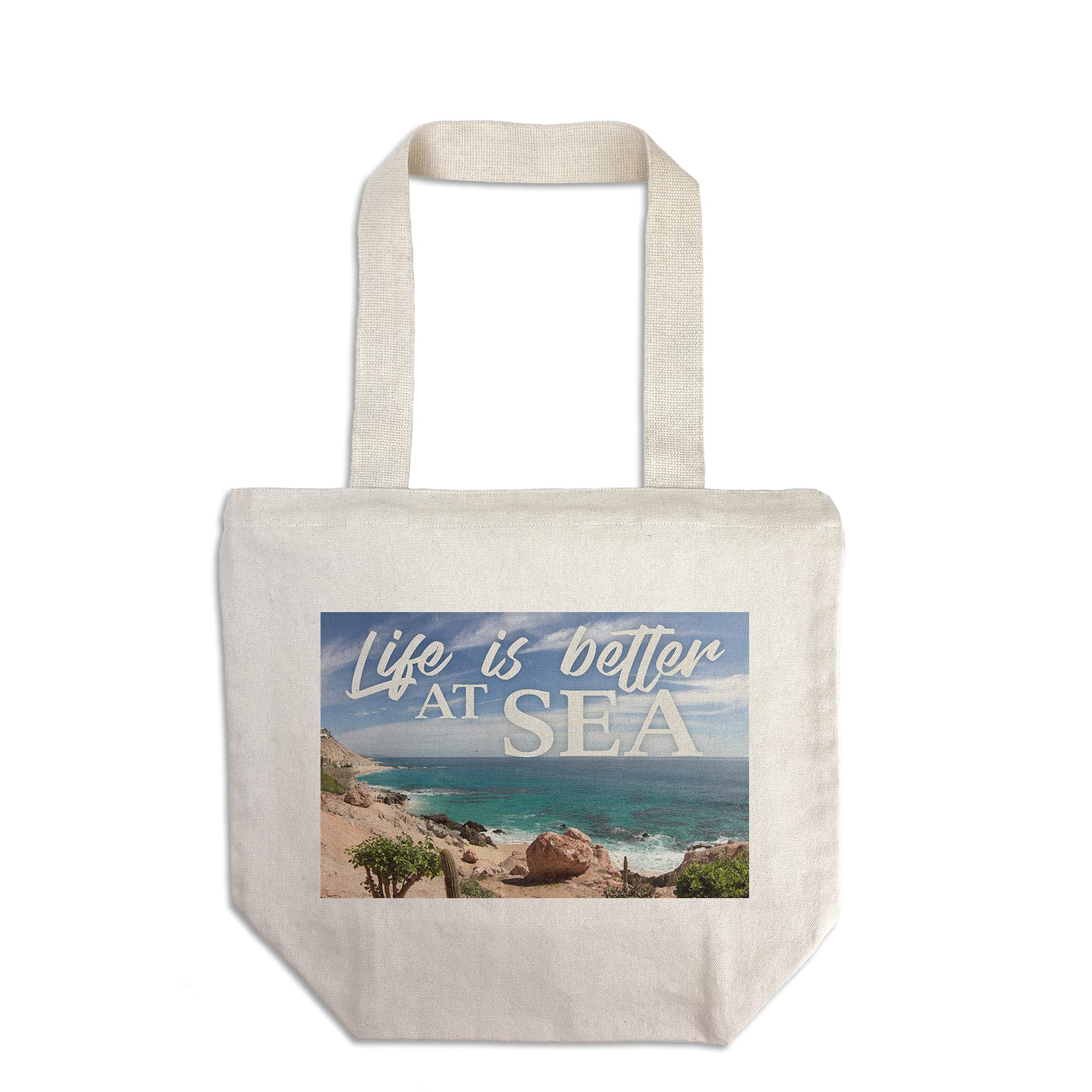 Life is Better at Sea - 100% Cotton Canvas Reusable Tote Bag with Beach Scene, Ocean & Cacti Design | Perfect for Grocery Shopping, Beach Trips & Eco-Friendly Lifestyle