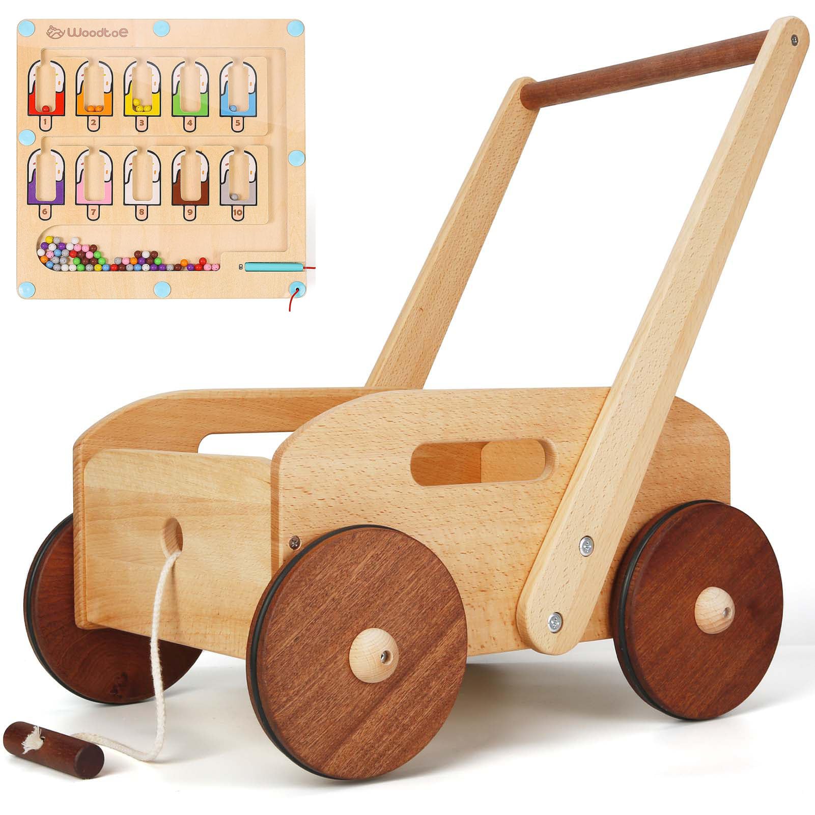 Wooden Baby Walker for Toddlers - Adjustable Speed Push Toy with Magnetic Color & Number Maze - Learning & Education Walking Aid for Boys & Girls - Perfect for First Steps, Indoor Play & Early Childhood Development