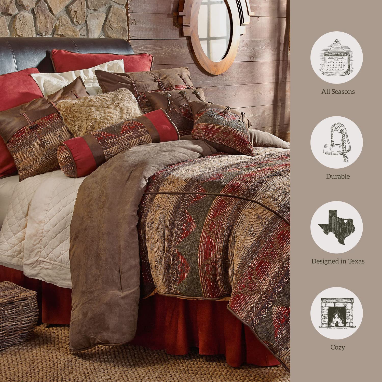 HiEnd Accents Sierra Western 7-Piece Queen Comforter Set - Faux Suede Chenille Jacquard Southwestern Bedding with Bed Skirt, Shams & Accent Pillows | Rustic Home Decor for Bedroom, Guest Room & Cabin Retreat