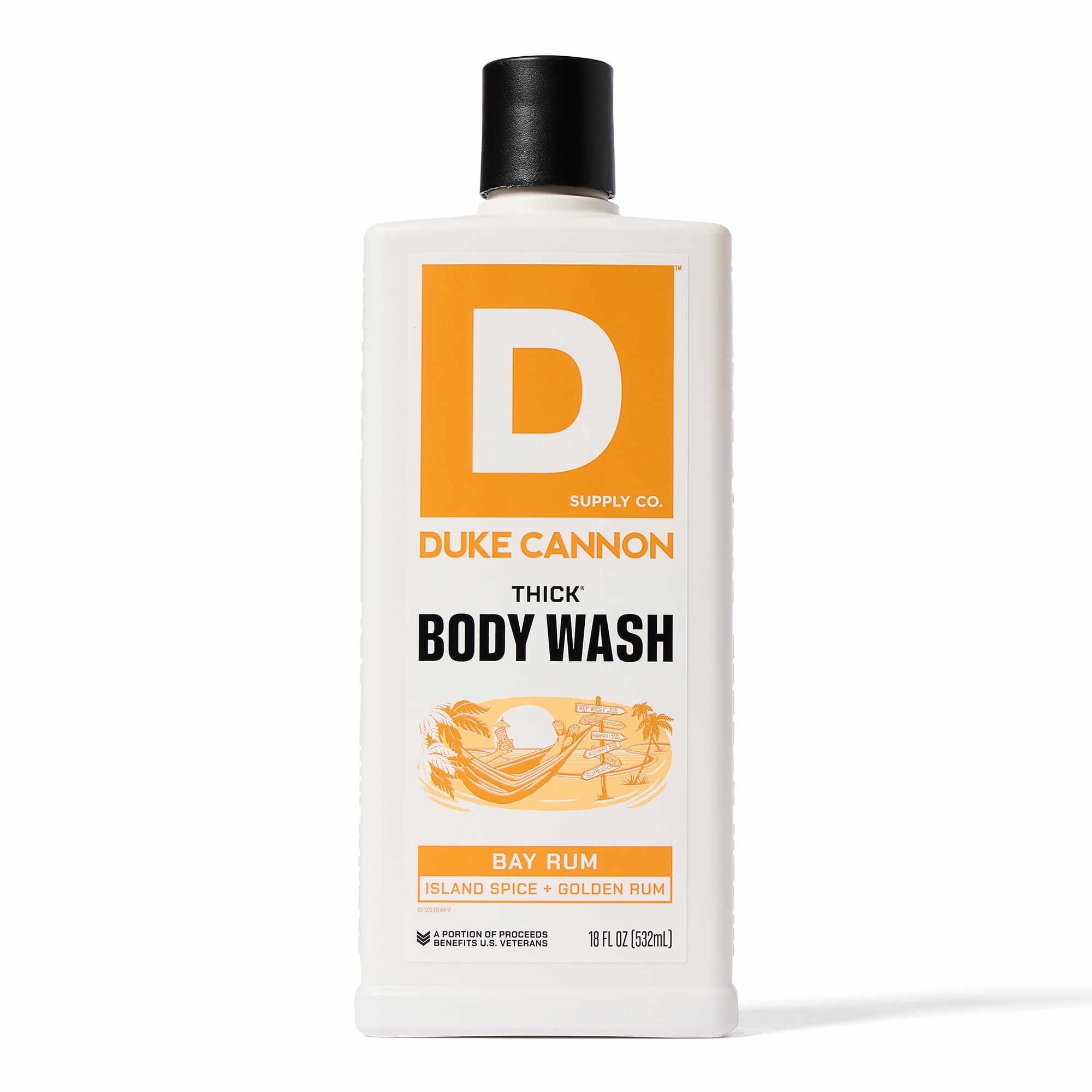 Duke Cannon Supply Co. Men's Thick High Viscosity Body Wash - 3X Thicker Formula, Plant-Based & Mineral-Enriched for Deep Cleansing - Island Spice & Golden Rum Scent - Exfoliating Body Scrub - Bay Rum Fragrance (18 oz) - Perfect for Post-Workout, Travel & Daily Shower Routine