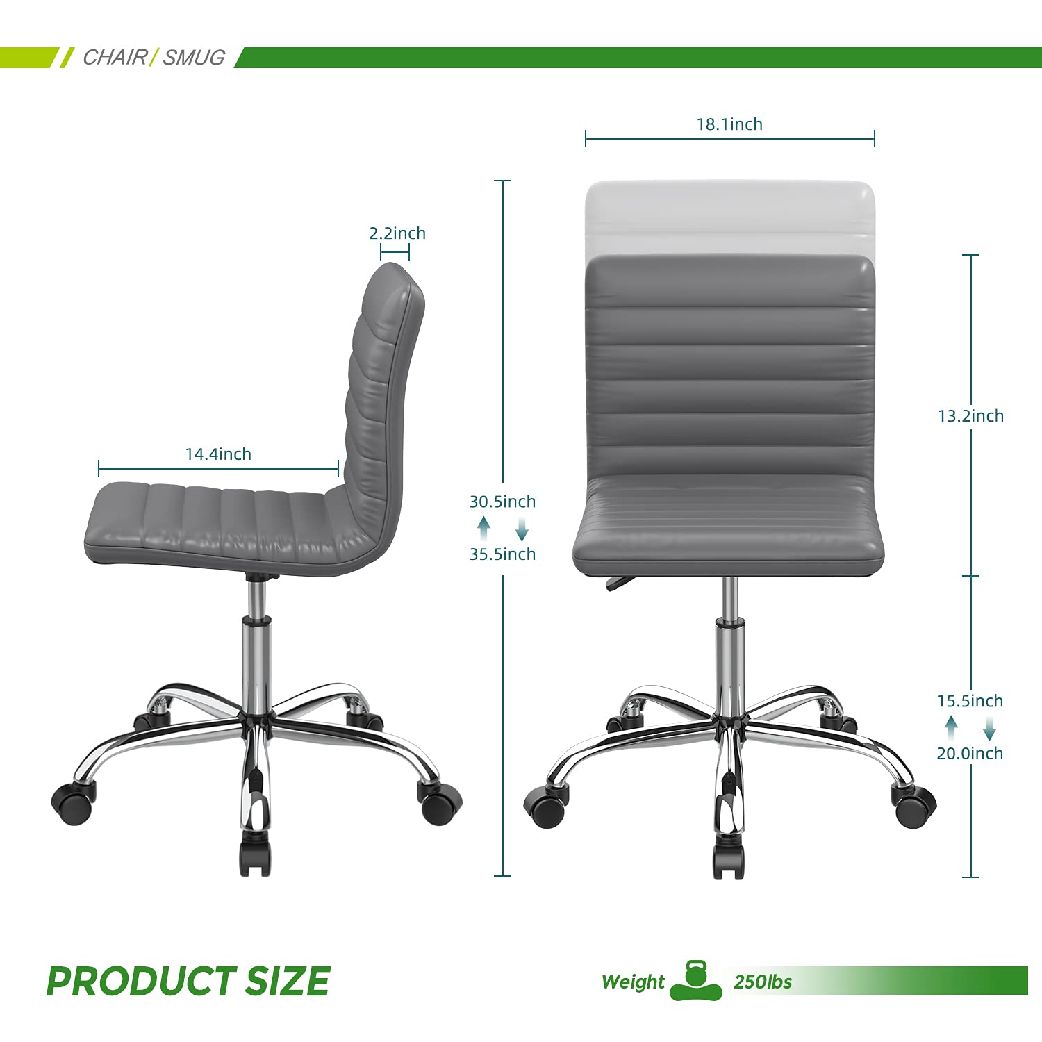 Ergonomic Armless Office Chair - Leather Swivel Task Chair with Mid Back Ribbed Design for Home & Office - Adjustable Height White Desk Chair for Adults & Kids - Perfect for Work, Study, Gaming & Vanity (Grey)
