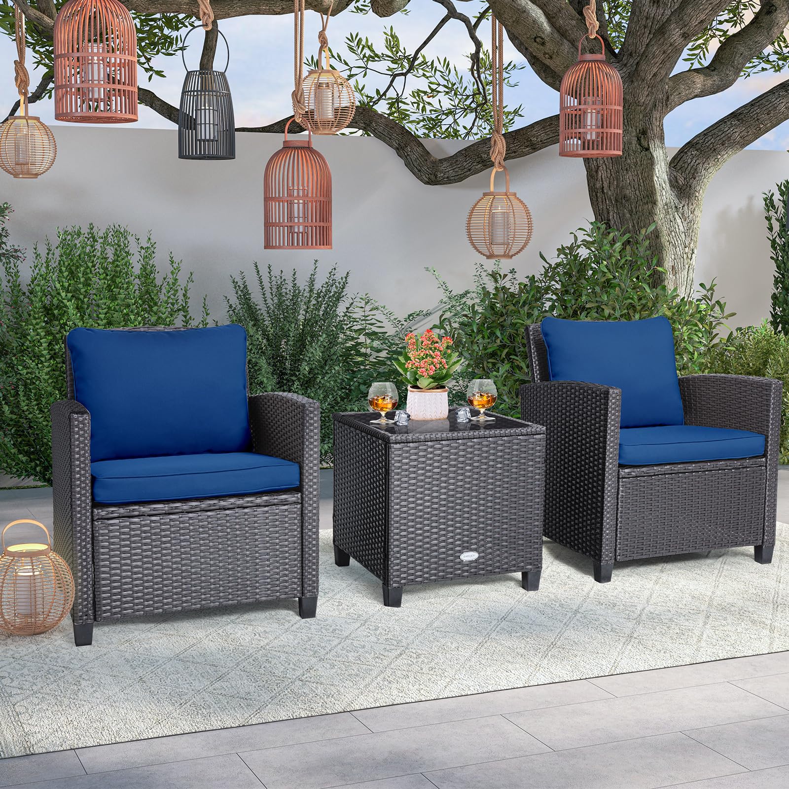 Tangkula 3-Piece PE Rattan Patio Furniture Set with Washable Cushions & Tempered Glass Table - Outdoor Wicker Sofa Set for Garden, Poolside, Balcony or Backyard (Beige/Navy) - Perfect for Relaxing, Entertaining Guests, and Enjoying Outdoor Living Spaces