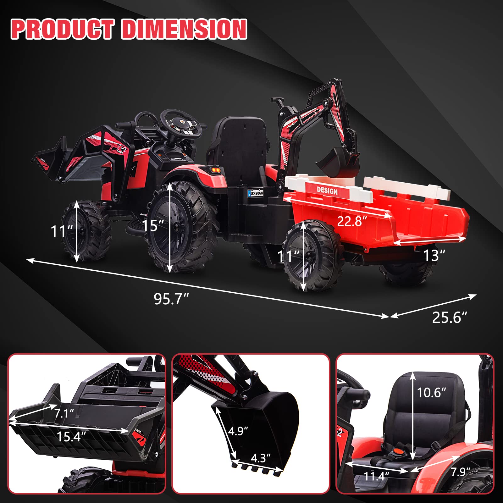 GARVEE 24V Electric 3-in-1 Ride-On Tractor with Excavator & Bulldozer - Remote Control, LED Lights, Music, USB/Bluetooth - Supports Up to 66 lbs - Bright Red - Perfect for Kids Outdoor Play, Backyard Fun & Construction Pretend Play