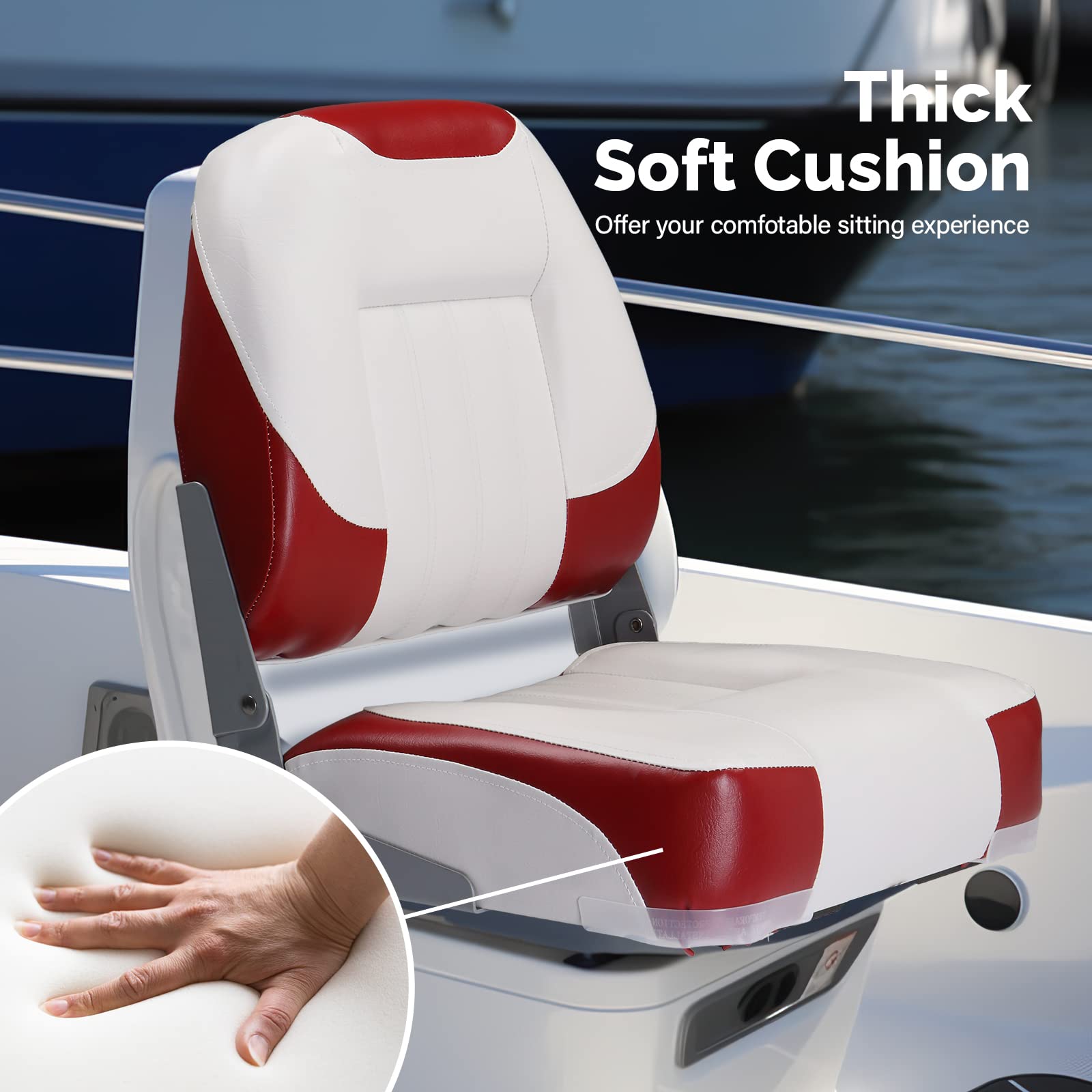 PEXMOR Low & High Back Folding Boat Seats - Waterproof Fishing Boat Captain Chairs with Aluminum Hinges & Thick Soft Cushion (2 Pack, Low Back Red & White) - Perfect for Fishing, Boating & Marine Activities