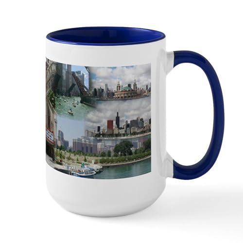 White/Navy Inside - Large Mug With Chicago Collage