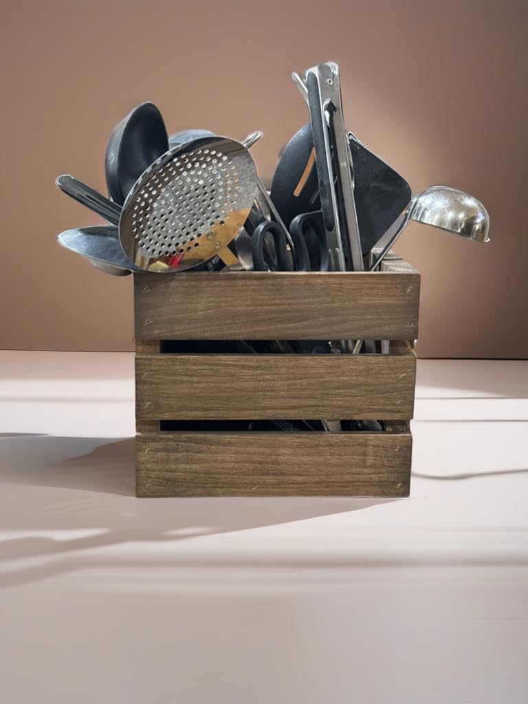 Darla'Studio 66 Wooden Crate Utensil Holder - Rustic Kitchen Organizer for Spoons, Forks & Cooking Tools - Perfect for Farmhouse, Country Style Kitchens & Dining Room Decor