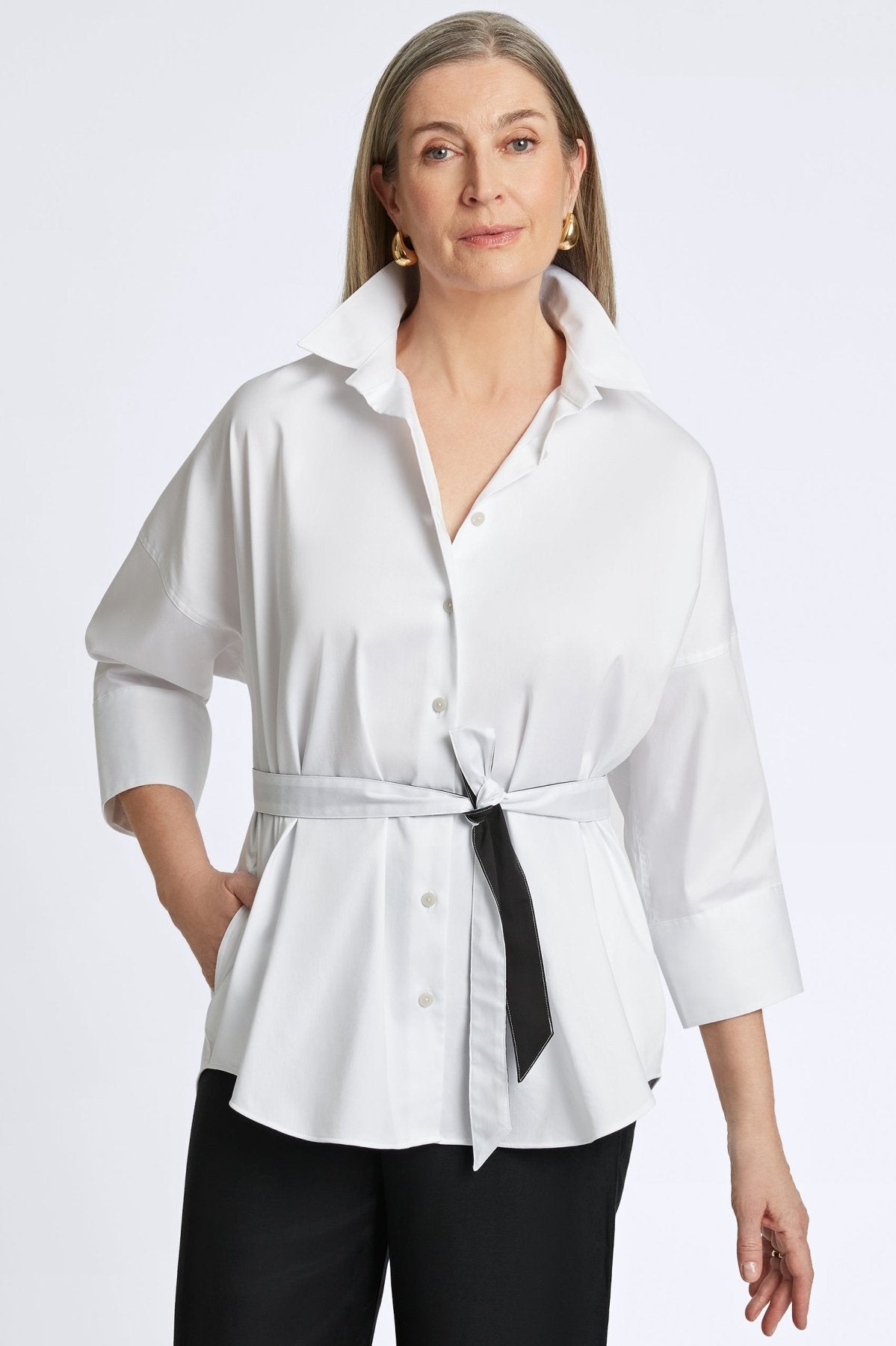 Avery Stretch Matte Sateen No Iron 3/4 Sleeve Shirt for Women - Wrinkle-Free Comfort Top for Office, Business Casual & Everyday Wear