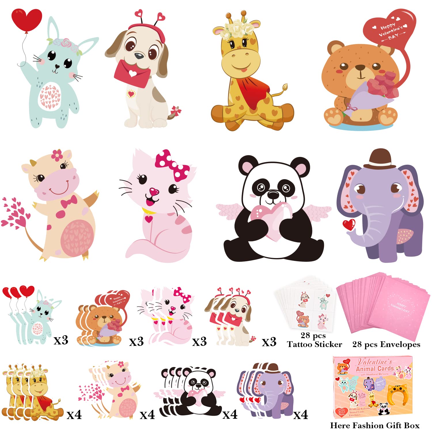 Valentine's Day Cards for Kids - 28 Animal Greeting Cards with Inflatable Headbands, Gift Envelopes & Tattoos | Classroom Exchange Cards for Boys & Girls | Perfect for School Valentine's Parties & Gift Exchanges