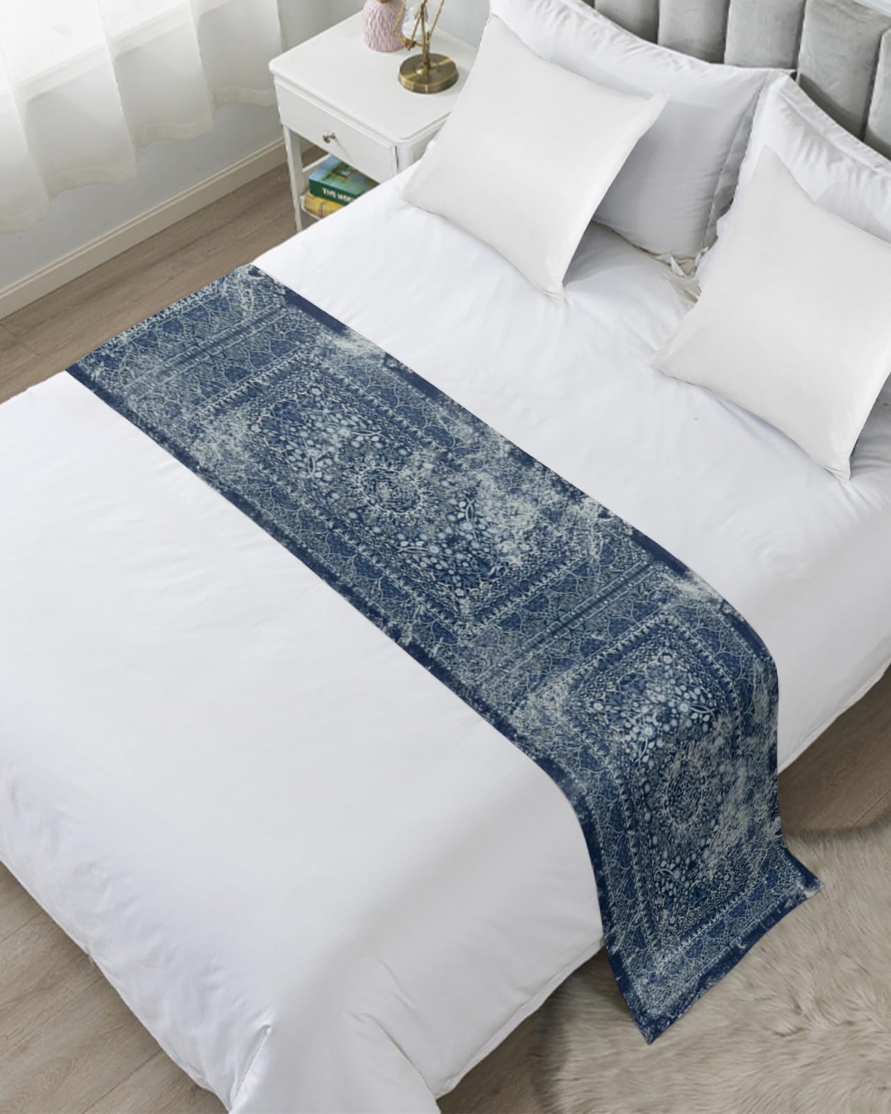 Boho Blue Bed Runner for Cal King Size Bed - Vintage Ethnic Modern Geometric Abstract Luxury Bed Scarf Throw (102 x 20 Inch) | Bedding Protector for Hotel & Home Decor | Perfect for Foot of Bed & Sofa Accent