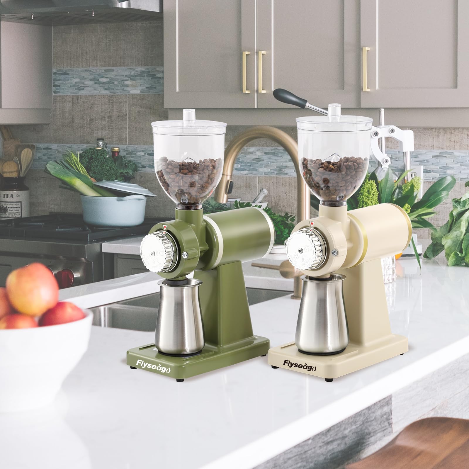 Electric Burr Coffee Grinder for Espresso - Stainless Steel with Brush, Creamy White - Perfect for Home & Office Use