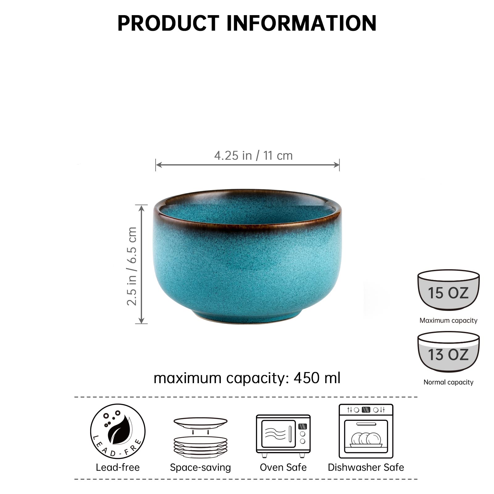 Henten Home 15 oz Ceramic Salad Bowls Set of 4 - Microwave Safe Porcelain Rice & Cereal Bowls with Reactive Glaze for Soup, Pasta, Snacks (Aqua) - Perfect for Kitchen, Dining, and Entertaining