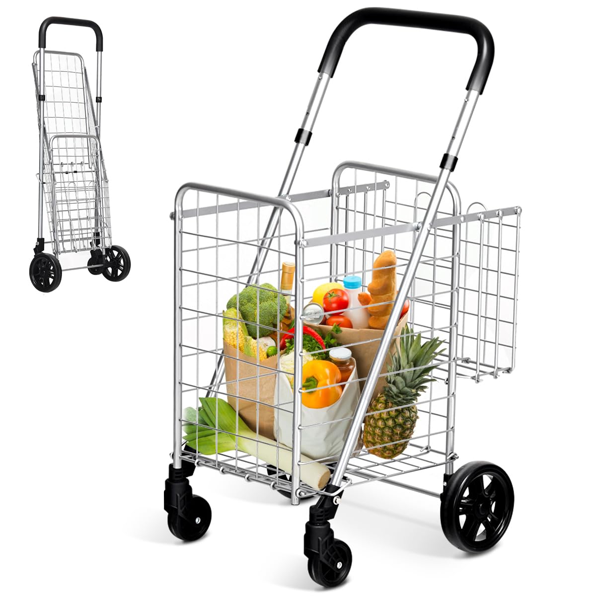 Byroce Utility Folding Shopping Cart - Lightweight Grocery Trolley with Handle, Swivel Wheels & Dual Storage Baskets - Perfect for Supermarket, Laundry, Books, Travel & Luggage (Silver)