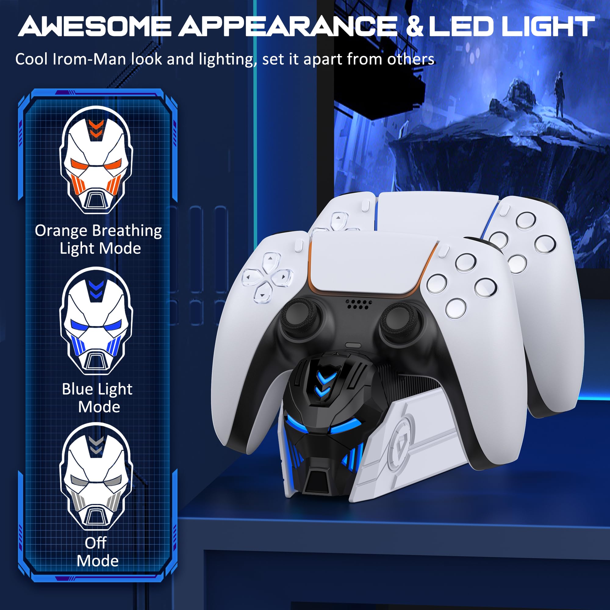 PS5 Controller Charging Station - Fast Dual Dock for DualSense/Edge with LED Light | Gaming Setup