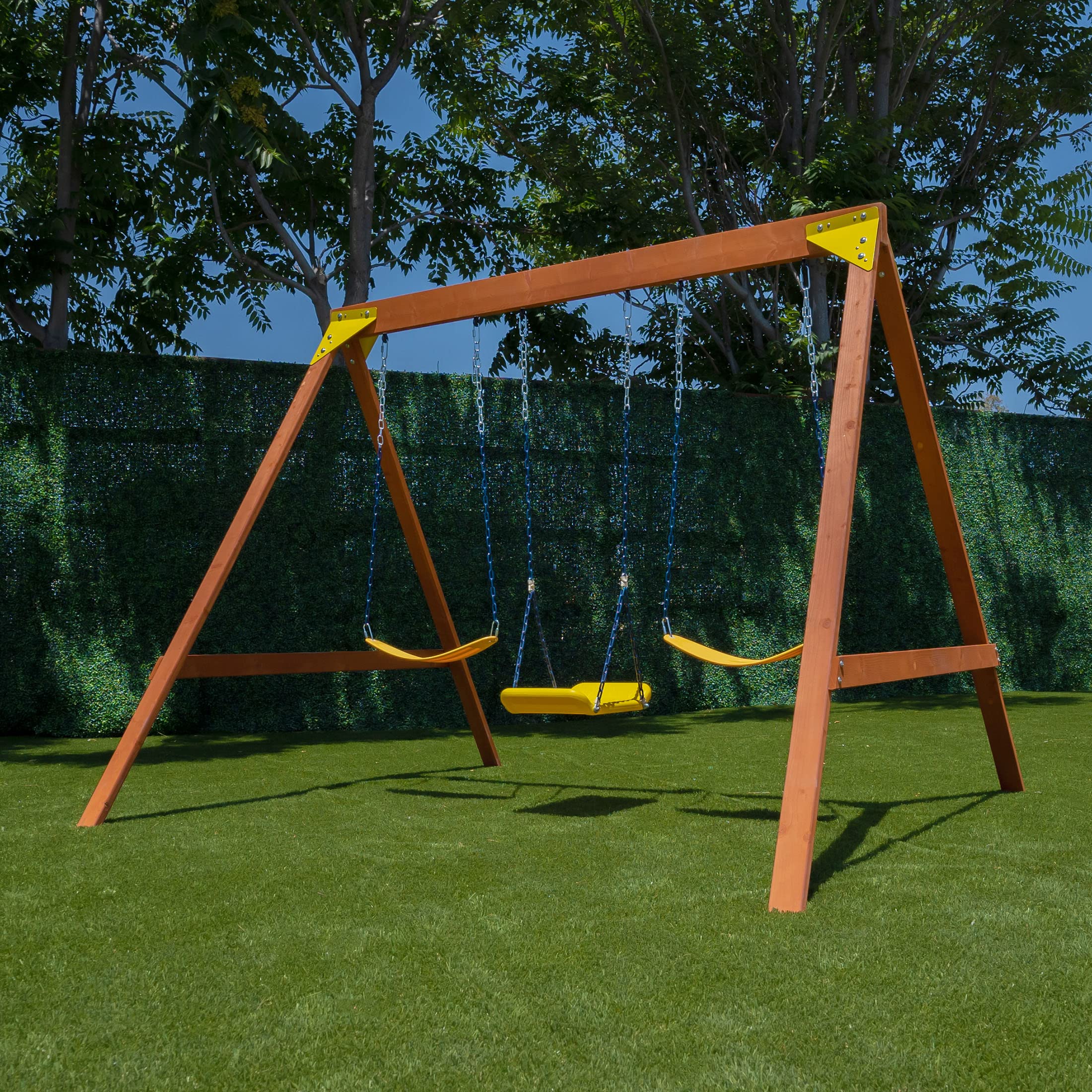 Sportspower Brighton Wood Swing Set for Kids - 2 Swings & 1 Bow Style Swing (Stand/Sit) - ASTM Safety Certified - Perfect for Backyard Playground & Outdoor Family Fun
