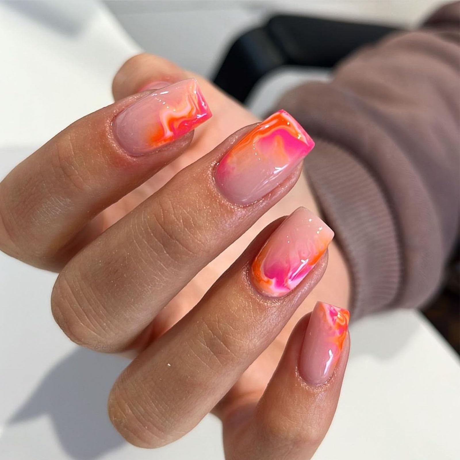 IMSOHOT Square Press-On Orange Red Ombre Fake Nails with Glossy Designs - Full Cover Acrylic False Nails for Women & Girls - Perfect for Summer, Parties, Weddings & Special Occasions