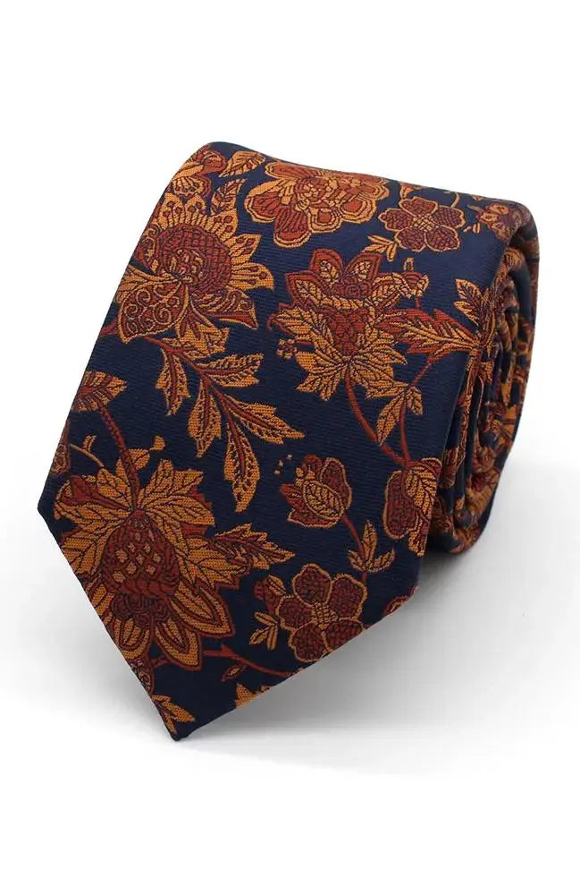 LA Smith Burnt Orange on Navy Bold Floral Silk Tie and Pocket Square Set - Perfect for Weddings, Business Meetings & Formal Events