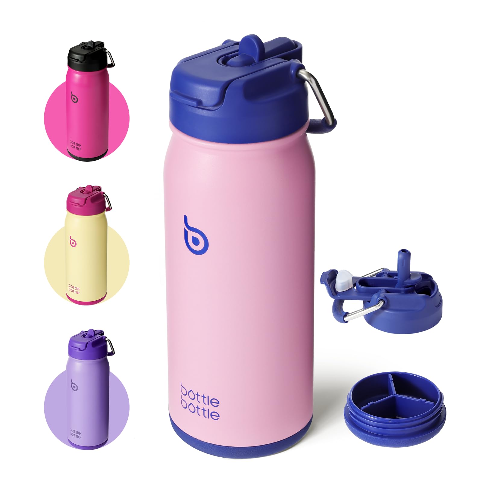 16 oz Stainless Steel Insulated Sports Water Bottle with Straw & Pill Holder - Leakproof Kids Water Bottle for School, Gym, Hiking - BPA Free Bubble Candy Design - Great Gift for Boys & Girls