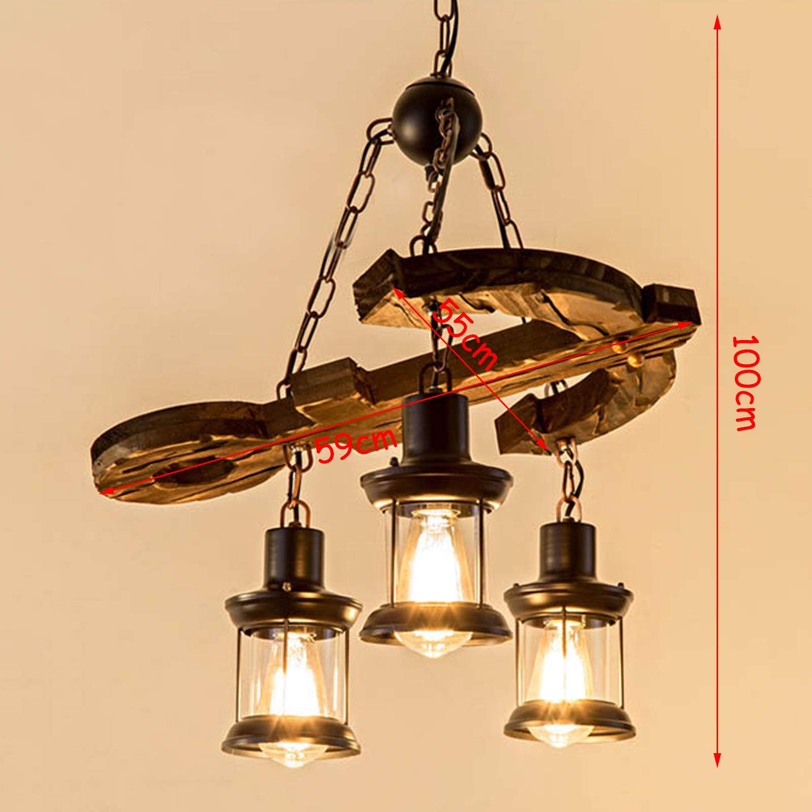 TFCFL Industrial 3-Light Chandelier - Retro Anchor Wooden Island Pendant Lamp - Hanging Ceiling Fixture for Indoor, Bar, Restaurant - Perfect for Farmhouse, Loft & Industrial Decor