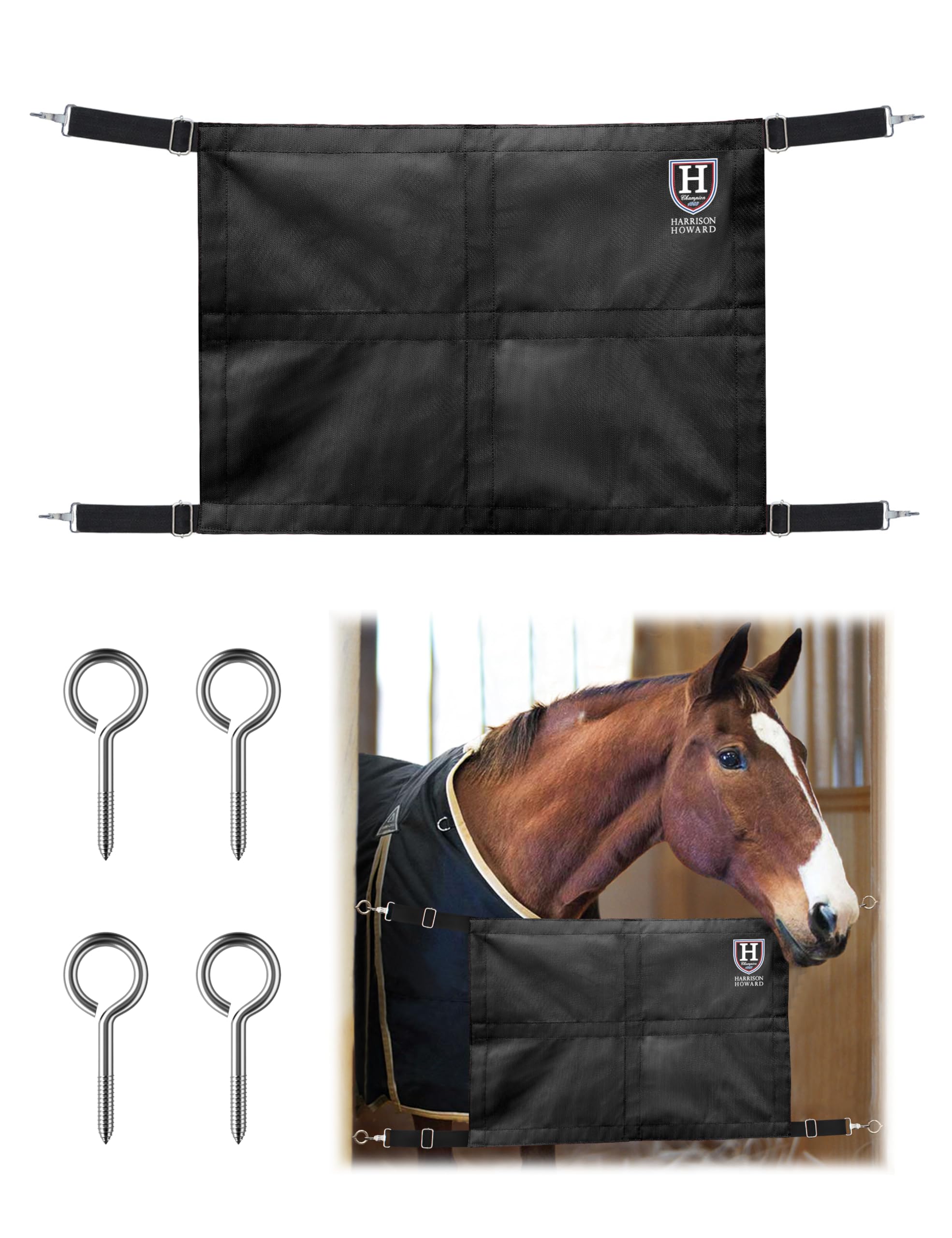 Premium Adjustable Horse Stall Guard with Sturdy Spring Hooks - Heavy Duty Black Stall Barrier for Horse Barns & Stables - Perfect for Training, Grooming, and Stall Safety