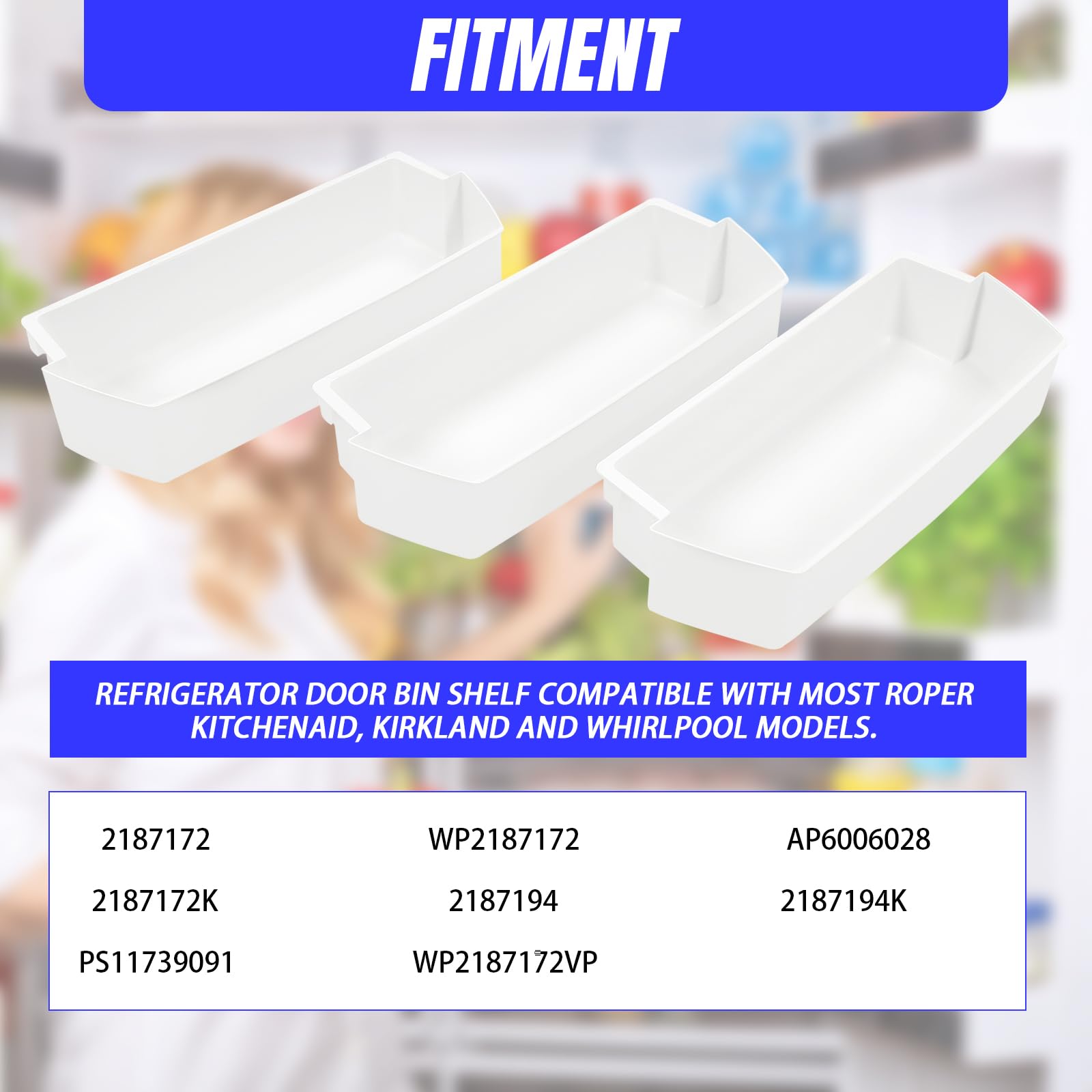 Kojem 2187172 White Refrigerator Door Bin Shelf - 3 Pack Replacement Compatible with Whirlpool, KitchenAid, Roper & Kirkland Refrigerators | Perfect for Organizing Beverages, Condiments & Snacks in Your Fridge