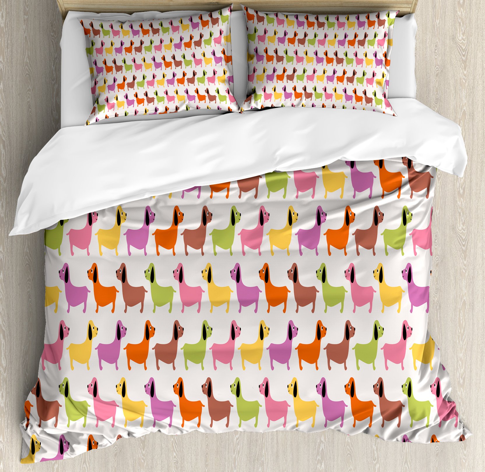 Ambesonne Dachshund Duvet Cover Set - Colorful Abstract Puppy Pattern with Vintage Animal Silhouettes, 3-Piece King Size Bedding Set with 2 Pillow Shams for Kids & Teens Room Decor | Perfect for Children's Bedroom, Nursery, or Playroom