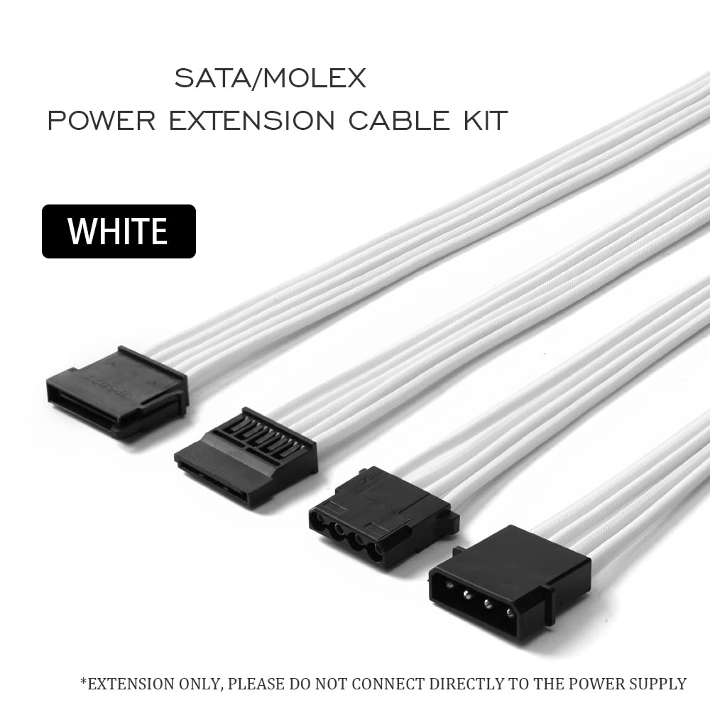 SATA + Molex Power Extension Cable Kit - 11.8 Inch Male to Female Extender Sleeve Power Cables (White) | Perfect for PC Builds, Gaming Rigs & Server Upgrades