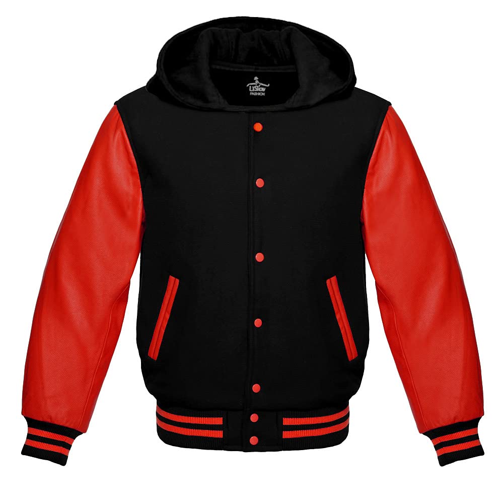 Premium Wool Varsity Hoodie Jacket with Genuine Red Leather Sleeves - Baseball Letterman Bomber School Jacket for Men & Women | Perfect for Sports Events, School Spirit & Casual Streetwear